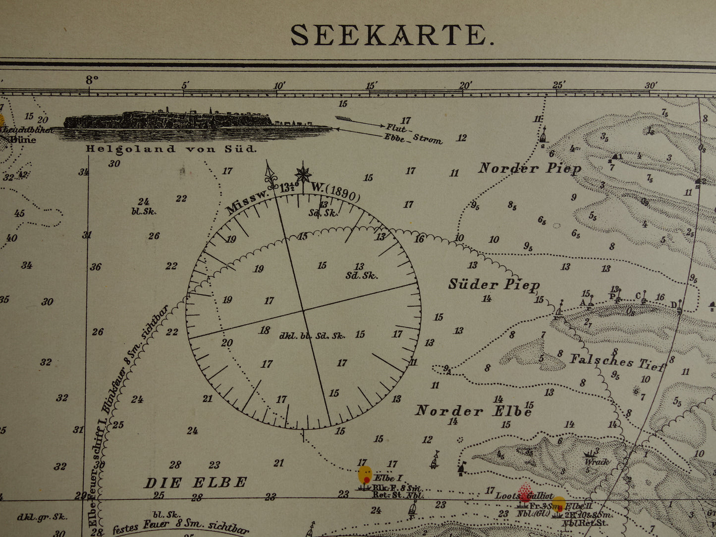 Oude kaart monding van Jade Weser Elbe rivier 1905 originele Duitse antieke print van delta Noordzee gedateerde vintage kaarten Bremerhaven zeekaart diepte