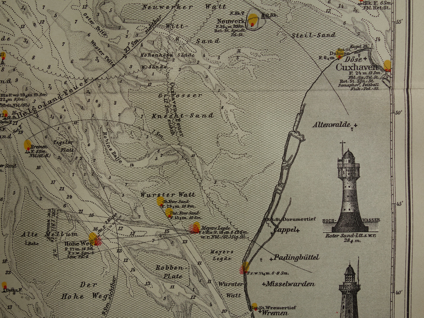 Oude kaart monding van Jade Weser Elbe rivier 1905 originele Duitse antieke print van delta Noordzee gedateerde vintage kaarten Bremerhaven zeekaart diepte