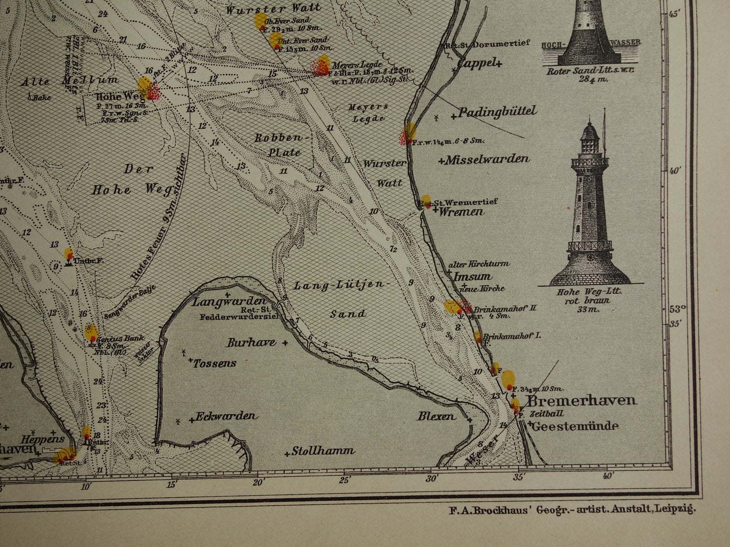 Oude kaart monding van Jade Weser Elbe rivier 1905 originele Duitse antieke print van delta Noordzee gedateerde vintage kaarten Bremerhaven zeekaart diepte