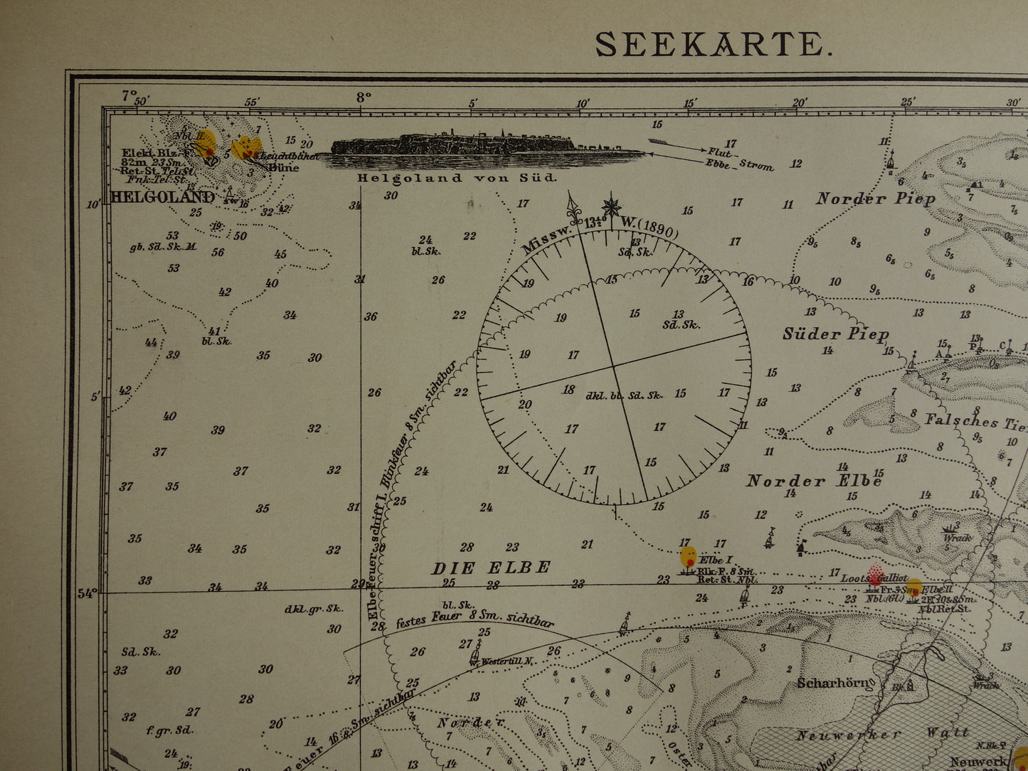Oude kaart monding van Jade Weser Elbe rivier 1905 originele Duitse antieke print van delta Noordzee gedateerde vintage kaarten Bremerhaven zeekaart diepte