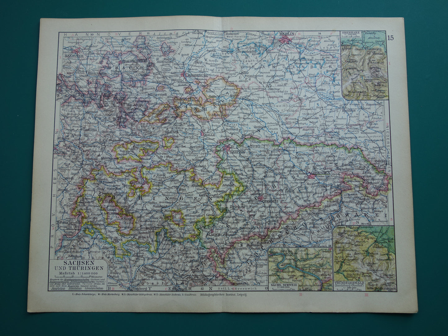 Thüringen en Saksen oude landkaart van Duitsland uit 1928 originele vintage kaart Leipzig Dresden Halle