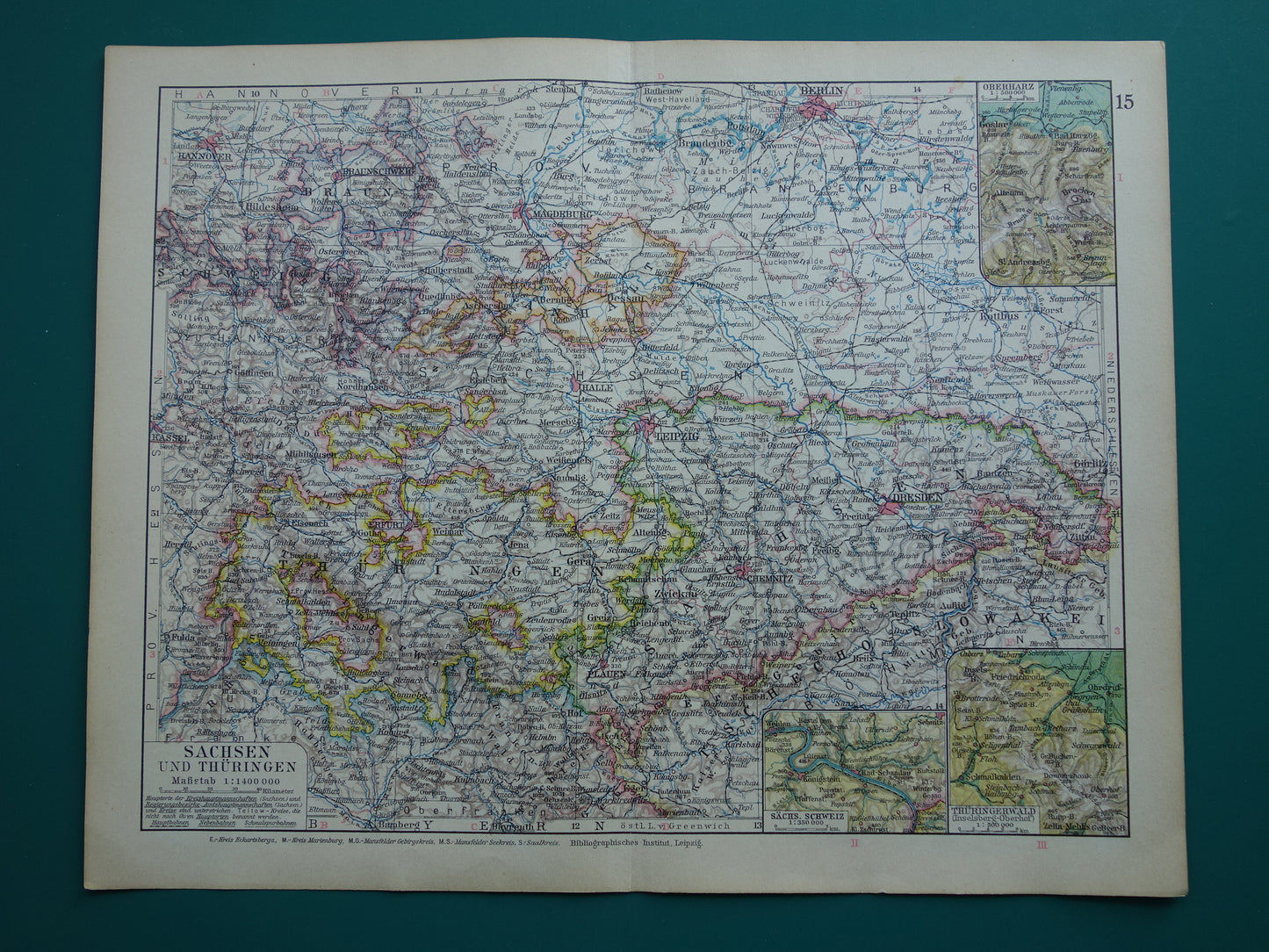 Thüringen en Saksen oude landkaart van Duitsland uit 1928 originele vintage kaart Leipzig Dresden Halle
