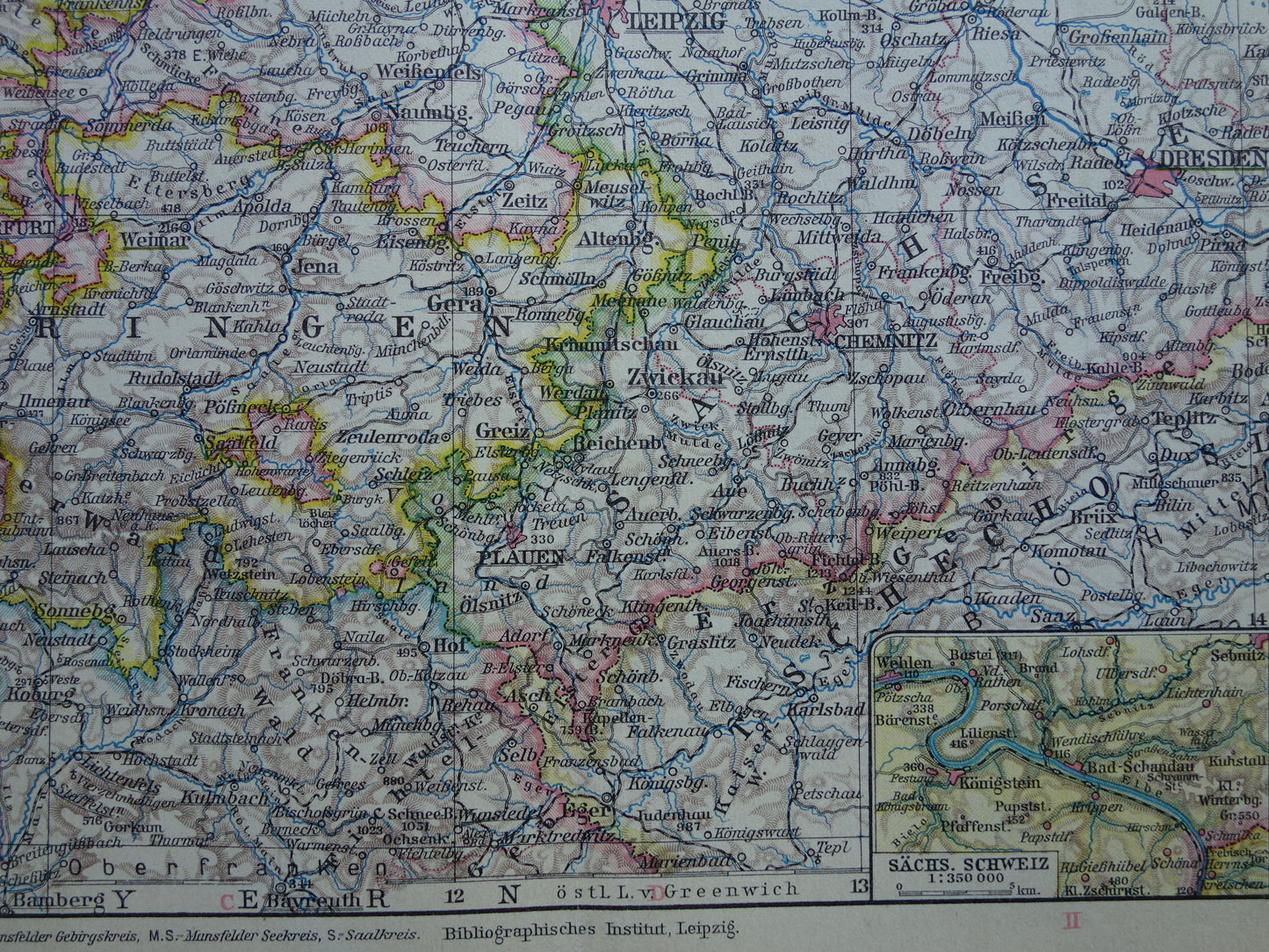 Thüringen en Saksen oude landkaart van Duitsland uit 1928 originele vintage kaart Leipzig Dresden Halle