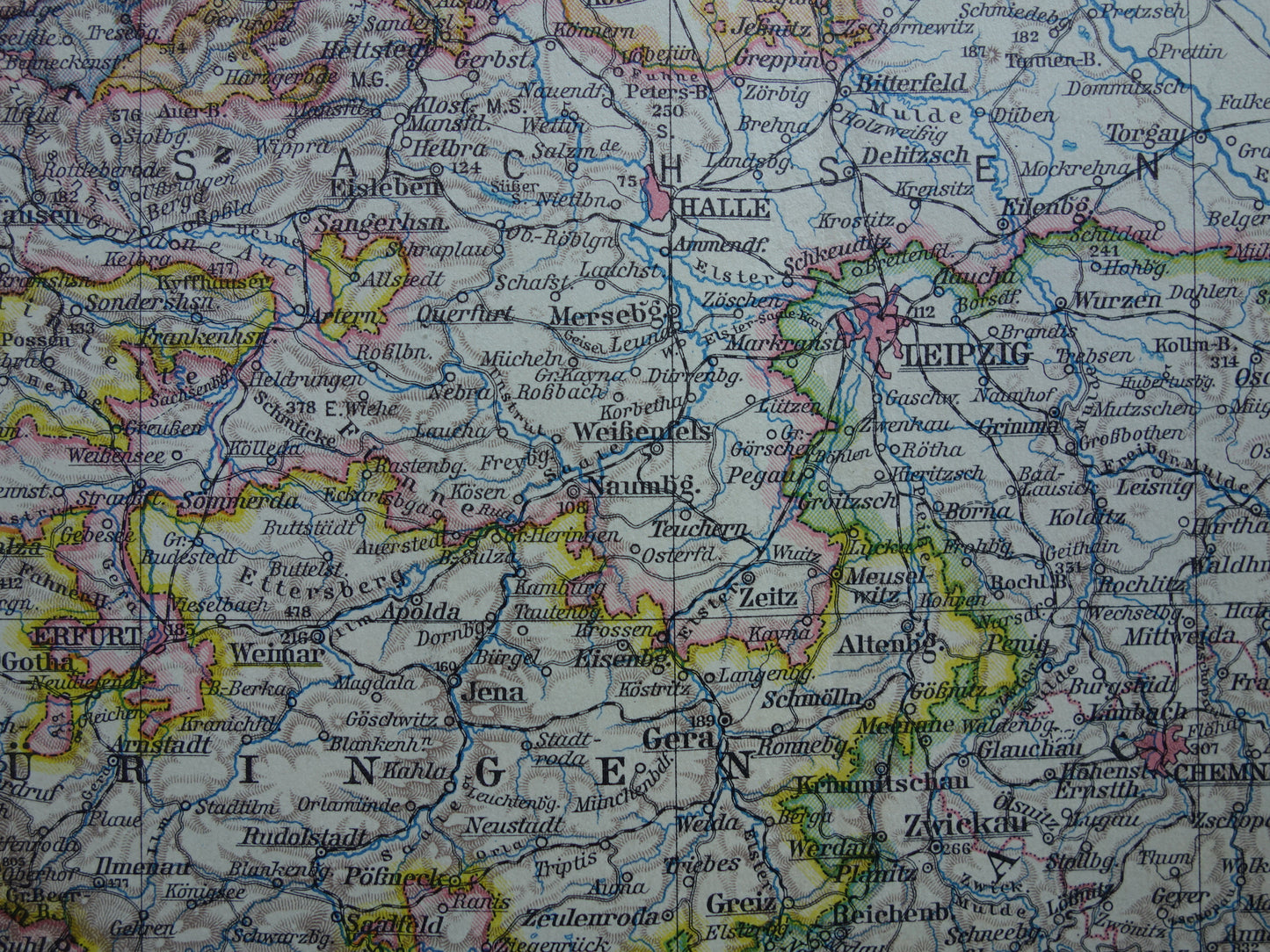 Thüringen en Saksen oude landkaart van Duitsland uit 1928 originele vintage kaart Leipzig Dresden Halle