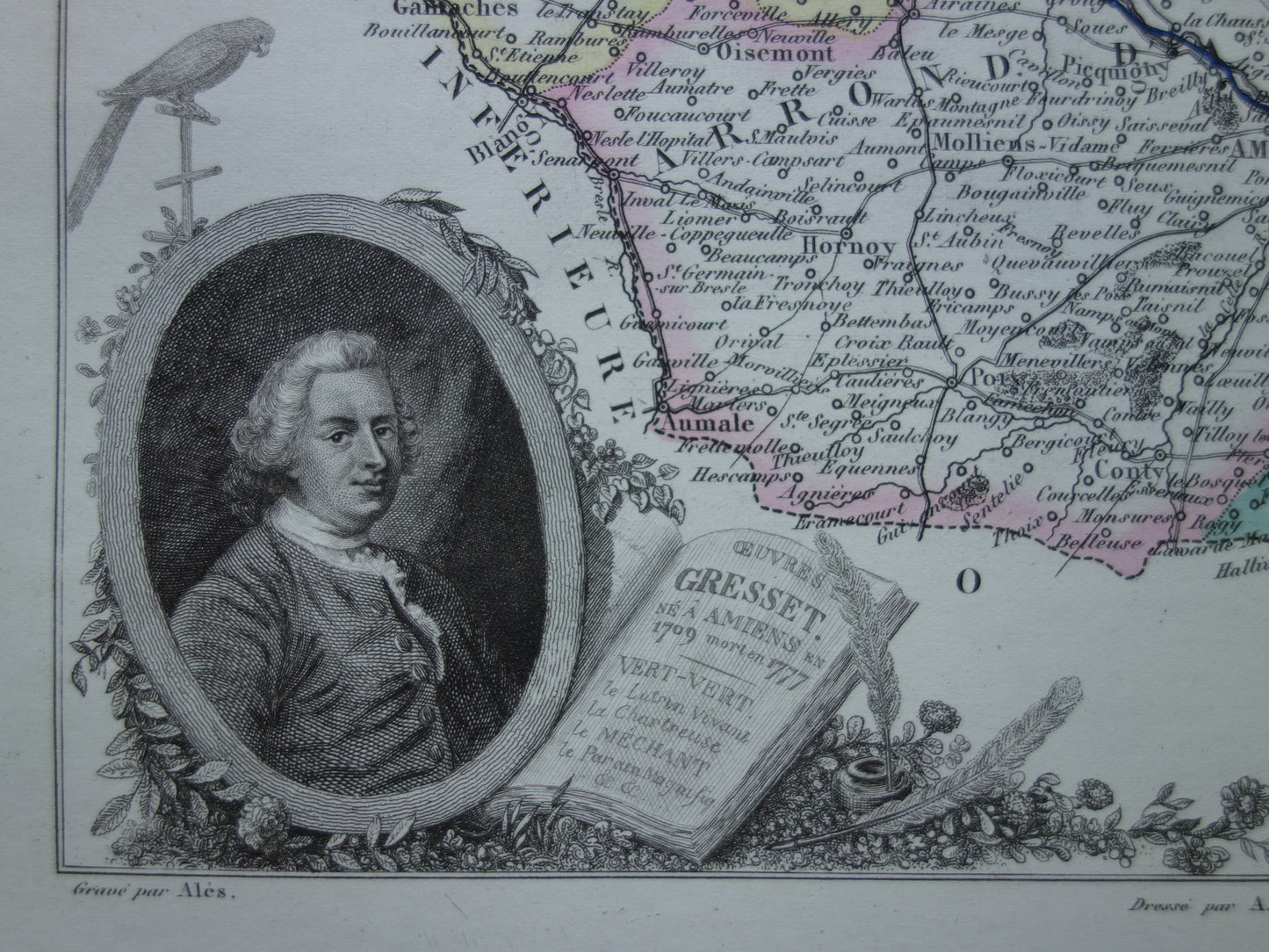 Oude kaart van Somme departement in Frankrijk uit 1856 originele vintage handgekleurde landkaart Ameins Abbeville