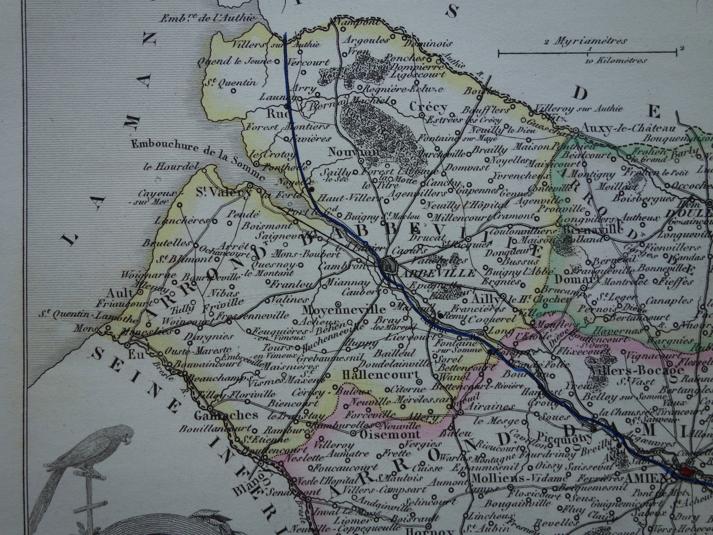 Oude kaart van Somme departement in Frankrijk uit 1856 originele vintage handgekleurde landkaart Ameins Abbeville