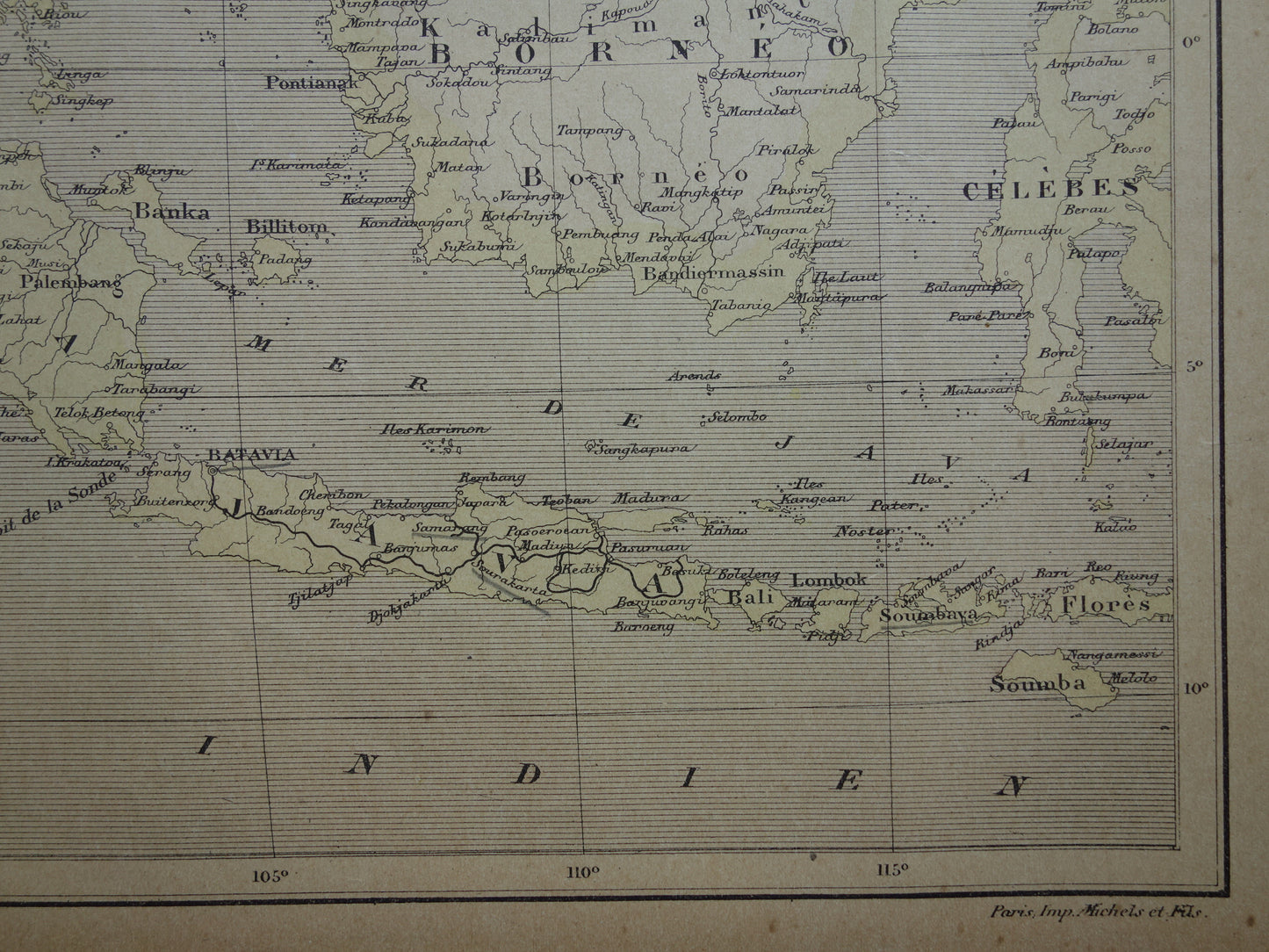 INDONESIE oude kaart van Indonesië 1896 originele antieke Franse handgekleurde landkaart Java Batavia Sumatra