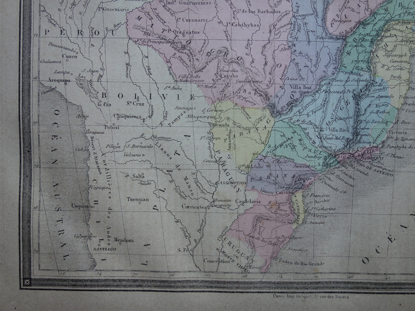 BRAZILIË Oude kaart van Brazilië Originele antieke handgekleurde landkaart uit 1877