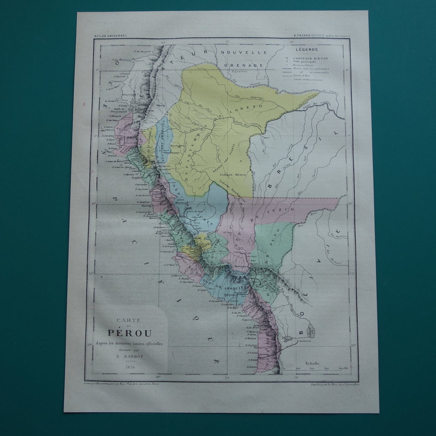 PERU Oude kaart van Peru uit 1877 originele antieke handgekleurde Franse landkaart Peru vintage kaarten