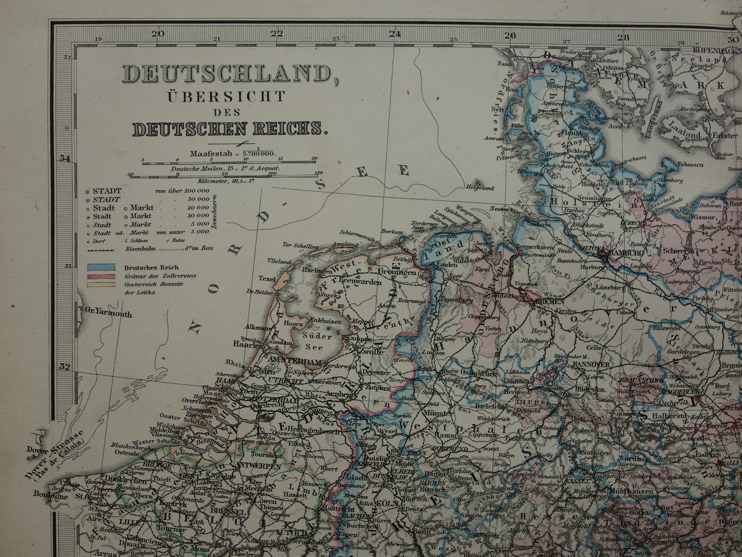 DUITSLAND Antieke landkaart van het Duitse Rijk in 1886 Grote originele 135+ jaar oude kaart Berlijn Pruissen Polen