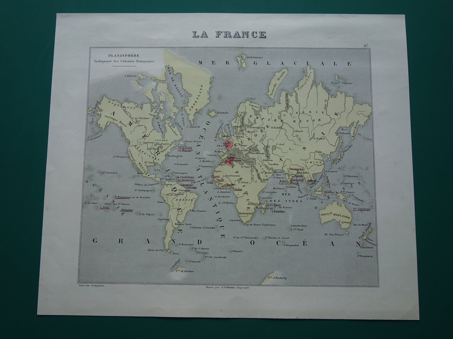 Wereldkaart met Franse koloniën uit 1870 originele antieke oude handgekleurde landkaart Frankrijk
