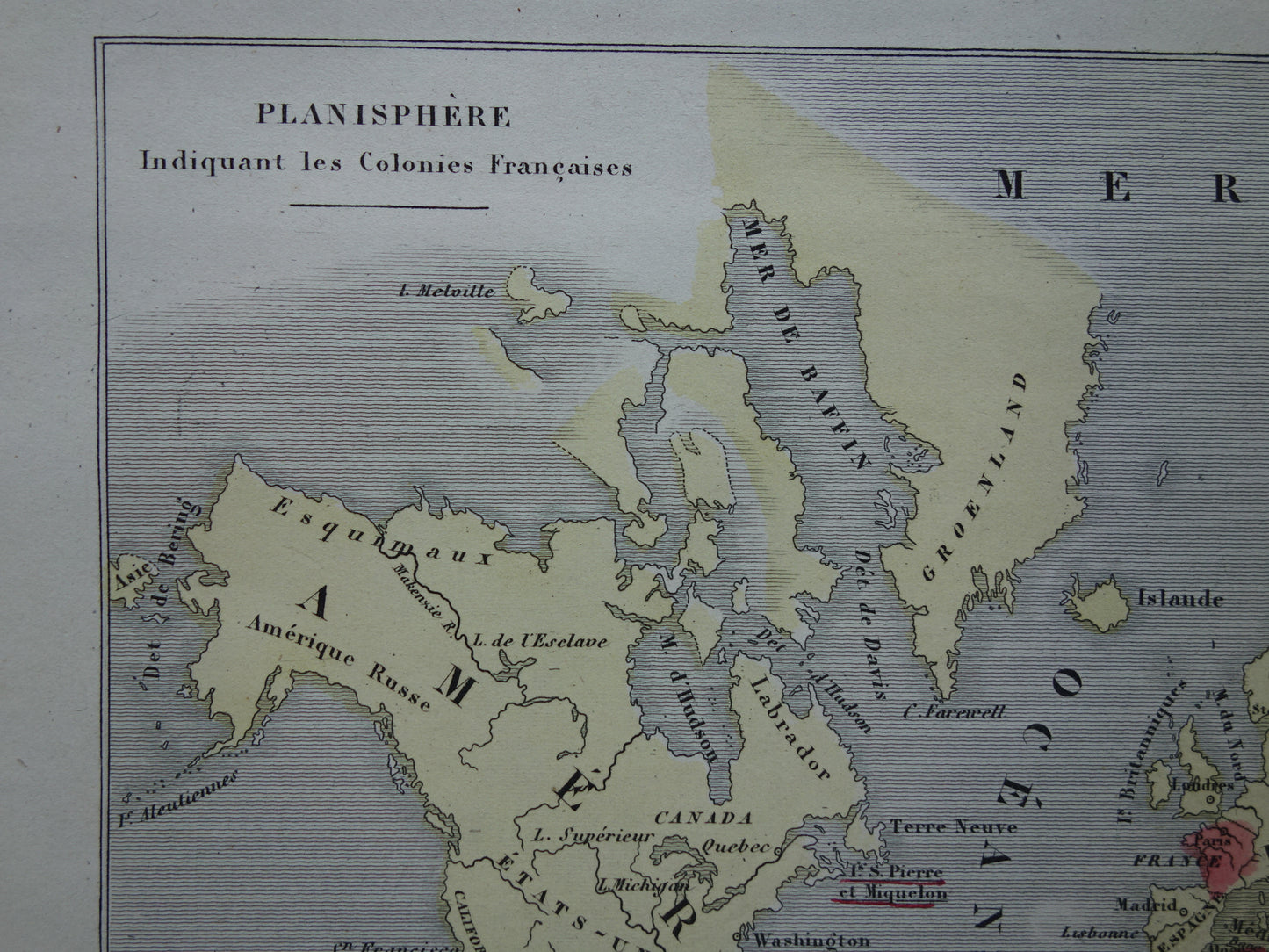 Wereldkaart met Franse koloniën uit 1870 originele antieke oude handgekleurde landkaart Frankrijk