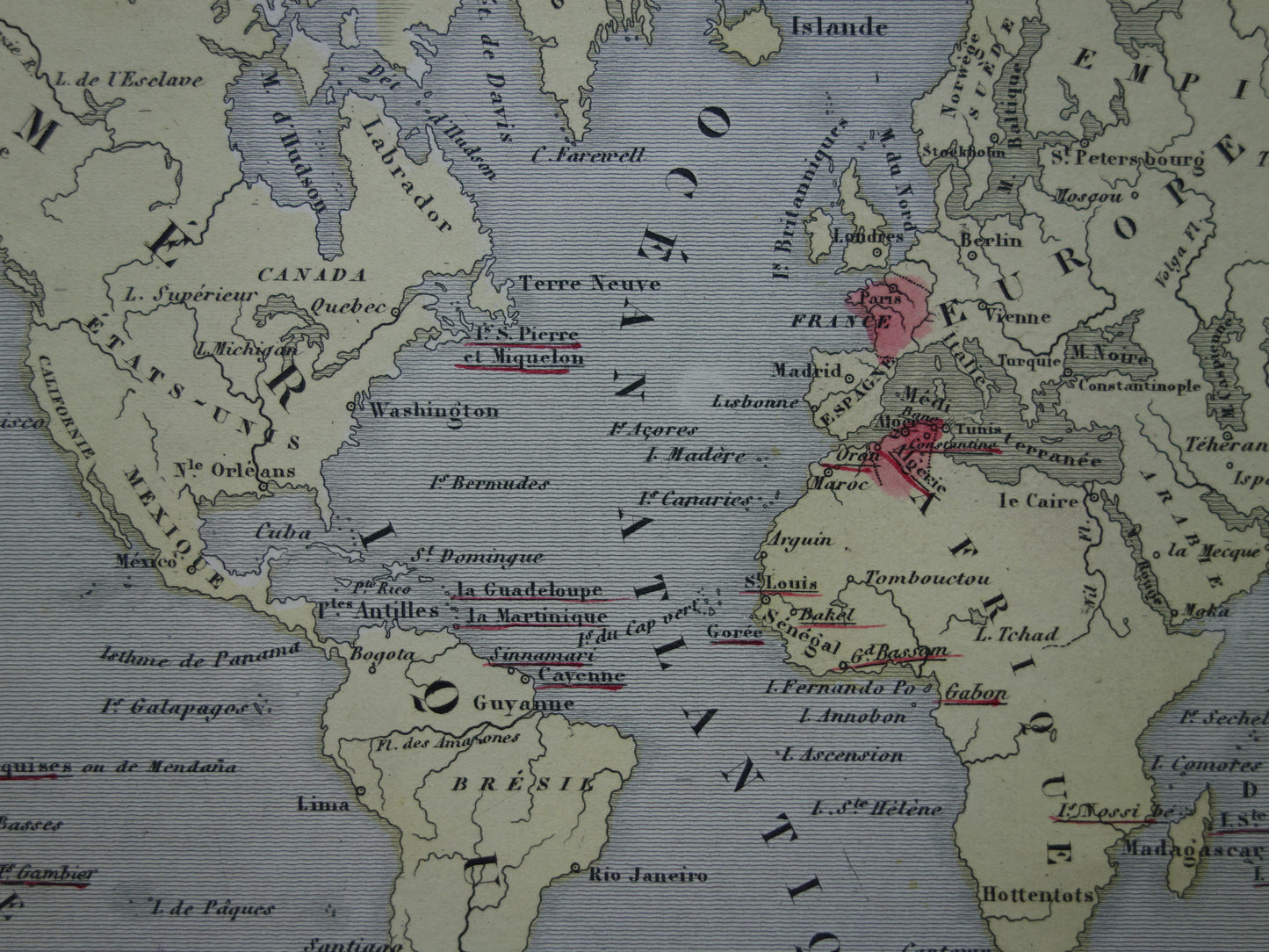Wereldkaart met Franse koloniën uit 1870 originele antieke oude handgekleurde landkaart Frankrijk