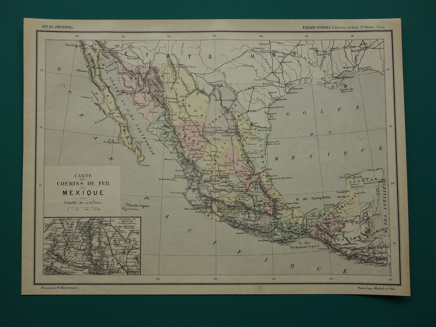 MEXICO oude kaart van Mexico 1896 originele antieke Franse landkaart