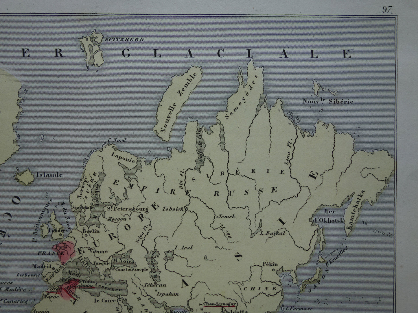 Wereldkaart met Franse koloniën uit 1870 originele antieke oude handgekleurde landkaart Frankrijk