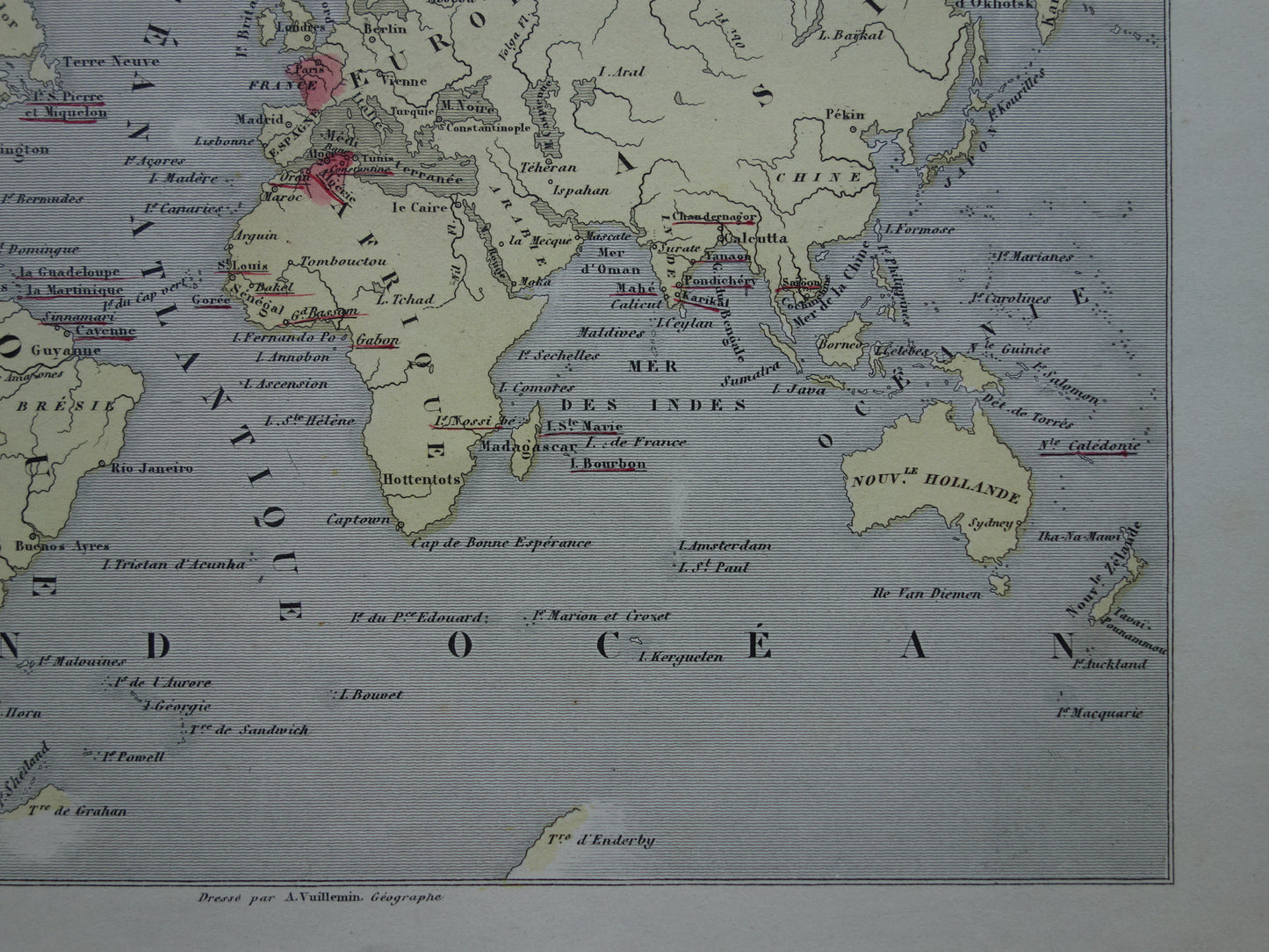 Wereldkaart met Franse koloniën uit 1870 originele antieke oude handgekleurde landkaart Frankrijk