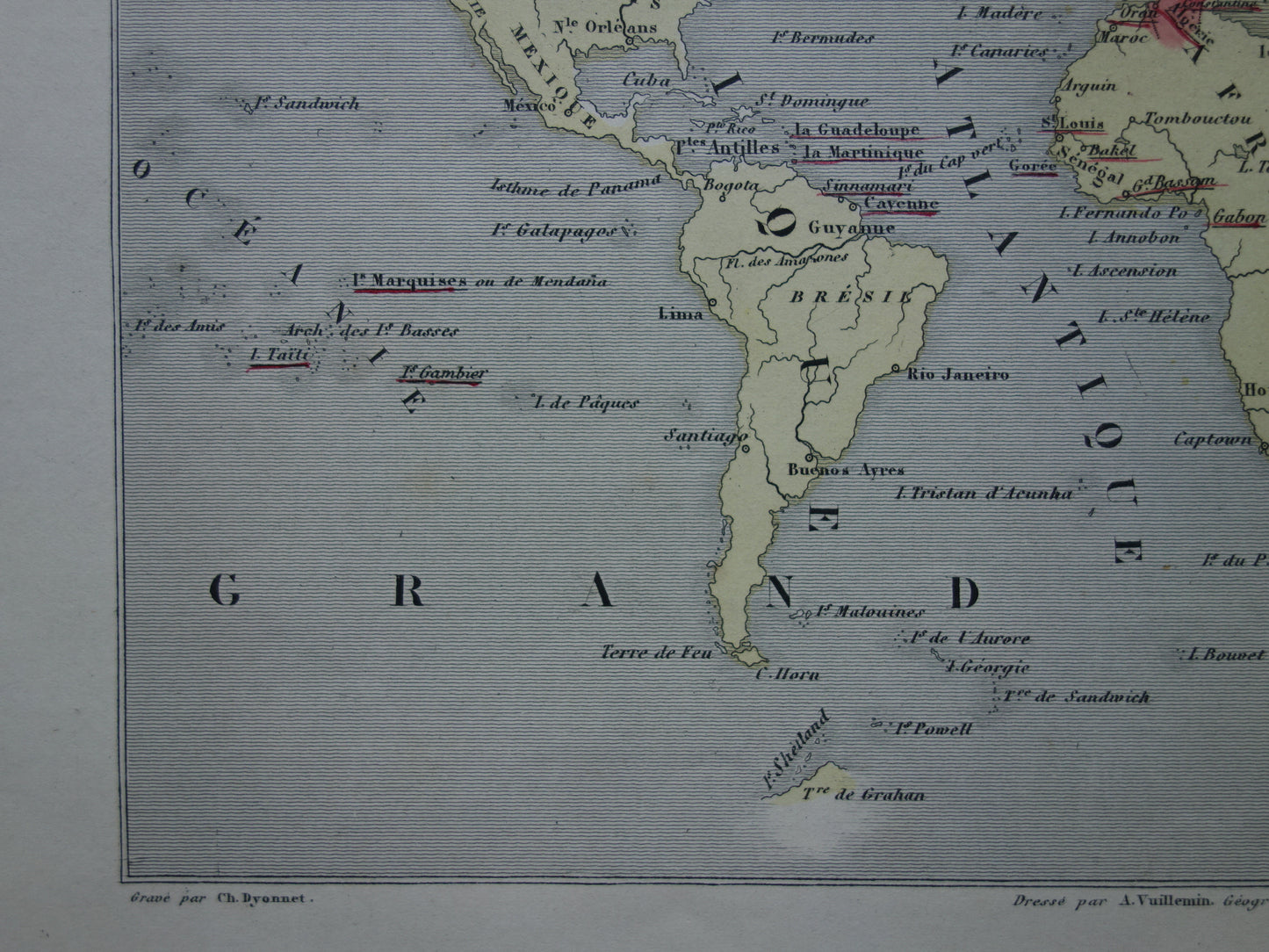 Wereldkaart met Franse koloniën uit 1870 originele antieke oude handgekleurde landkaart Frankrijk