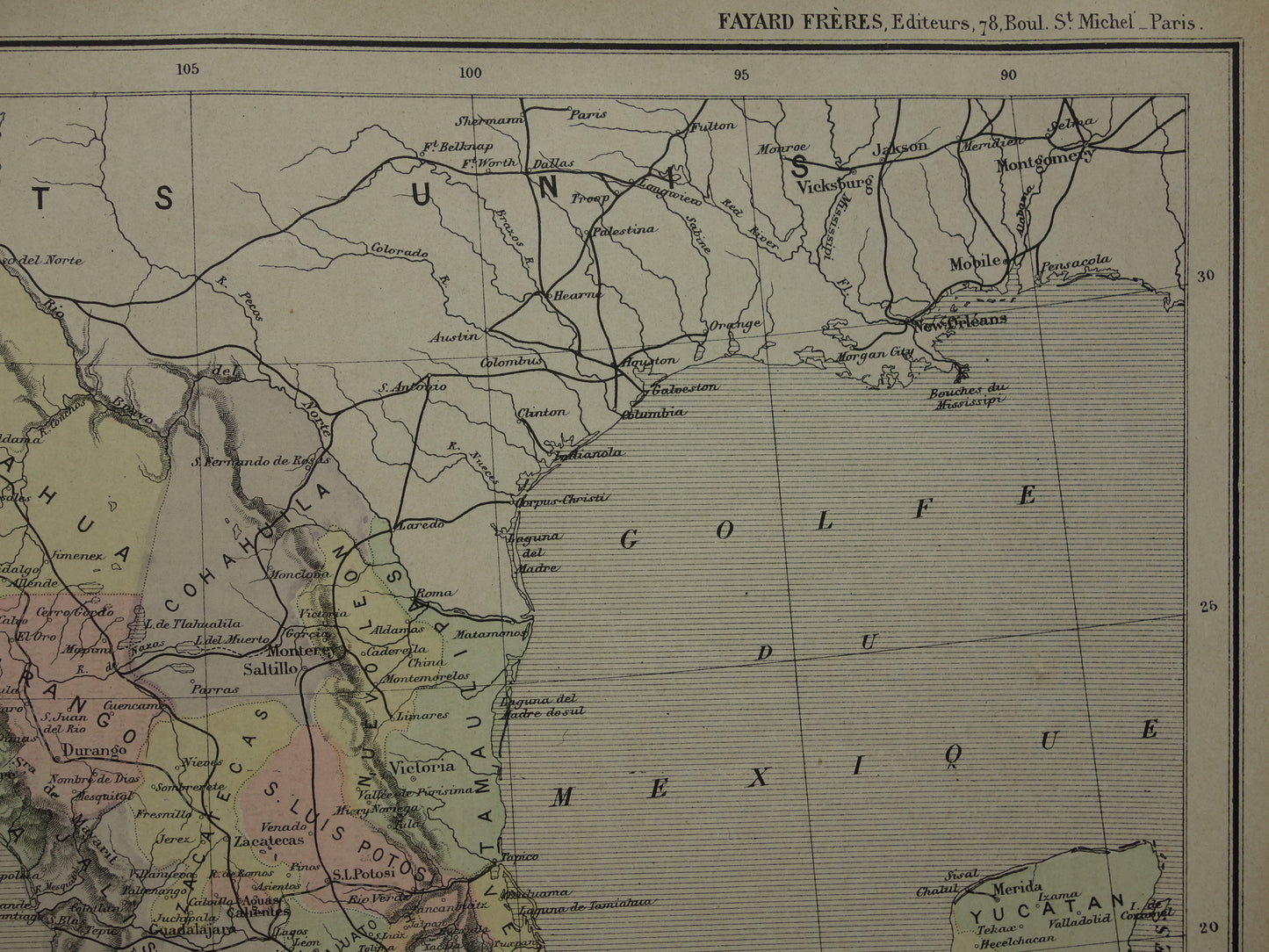 MEXICO oude kaart van Mexico 1896 originele antieke Franse landkaart