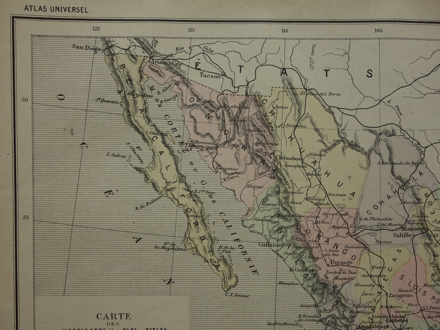 MEXICO oude kaart van Mexico 1896 originele antieke Franse landkaart