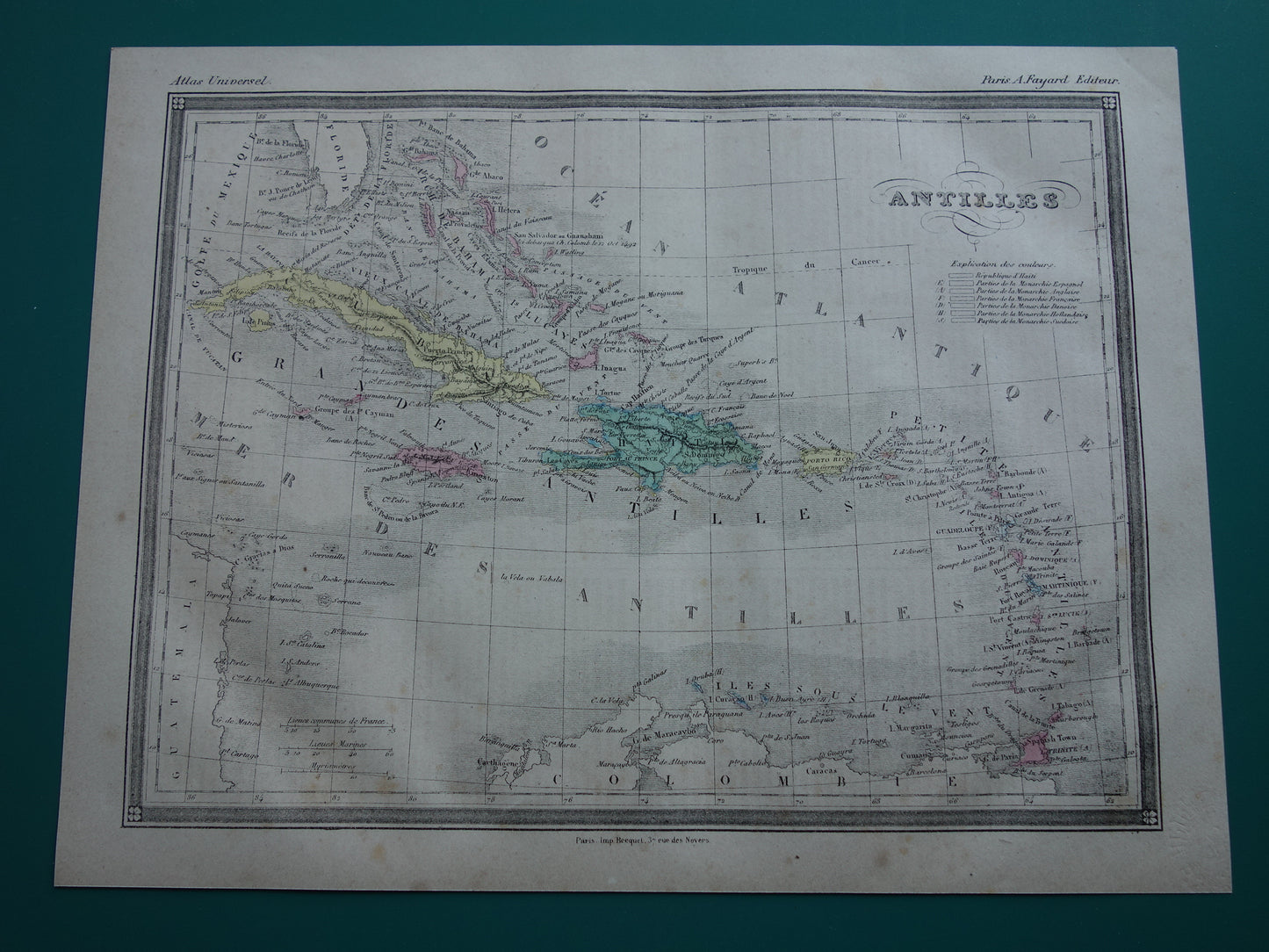 Oude kaart van ANTILLEN 145+ jaar oude handgekleurde landkaart Curaçao Aruba Cuba Haïti Puerto Rico Caribisch Gebied