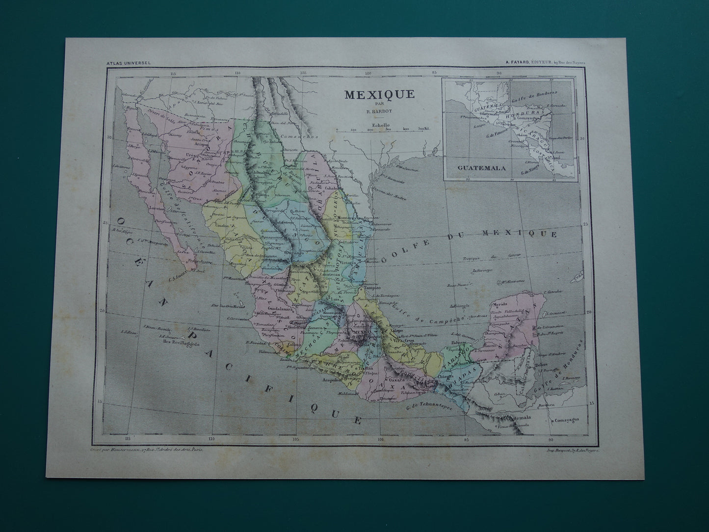 MEXICO oude handgekleurde kaart van Mexico uit 1877 originele antieke Franse landkaart