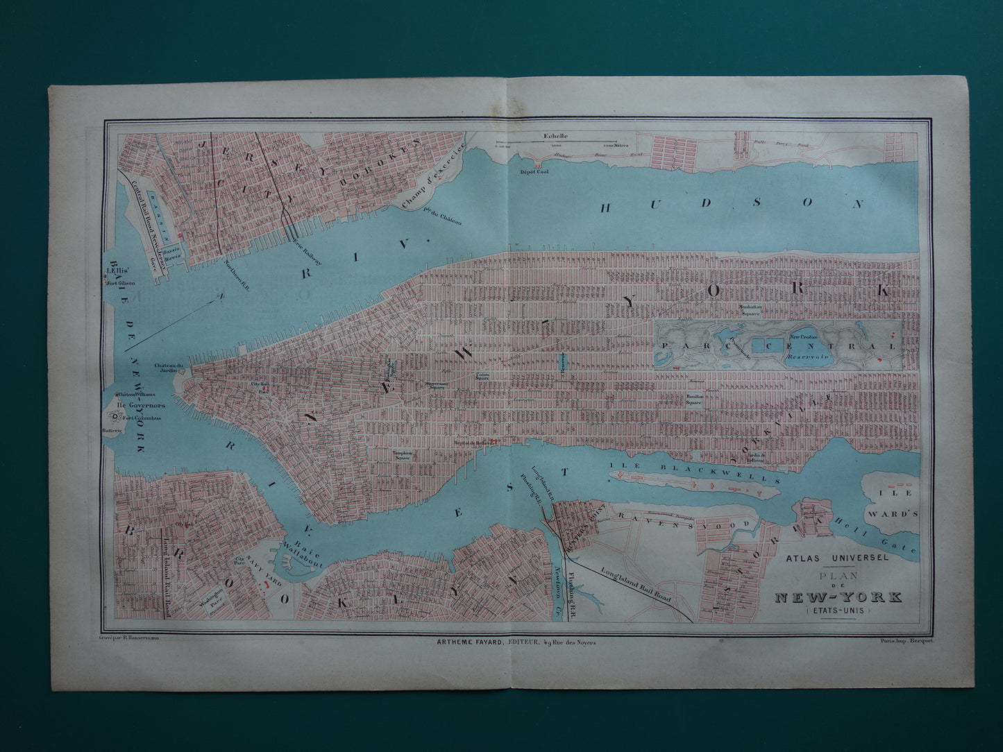 NEW YORK oude plattegrond uit 1877 originele antieke Franse kaart van New-York City
