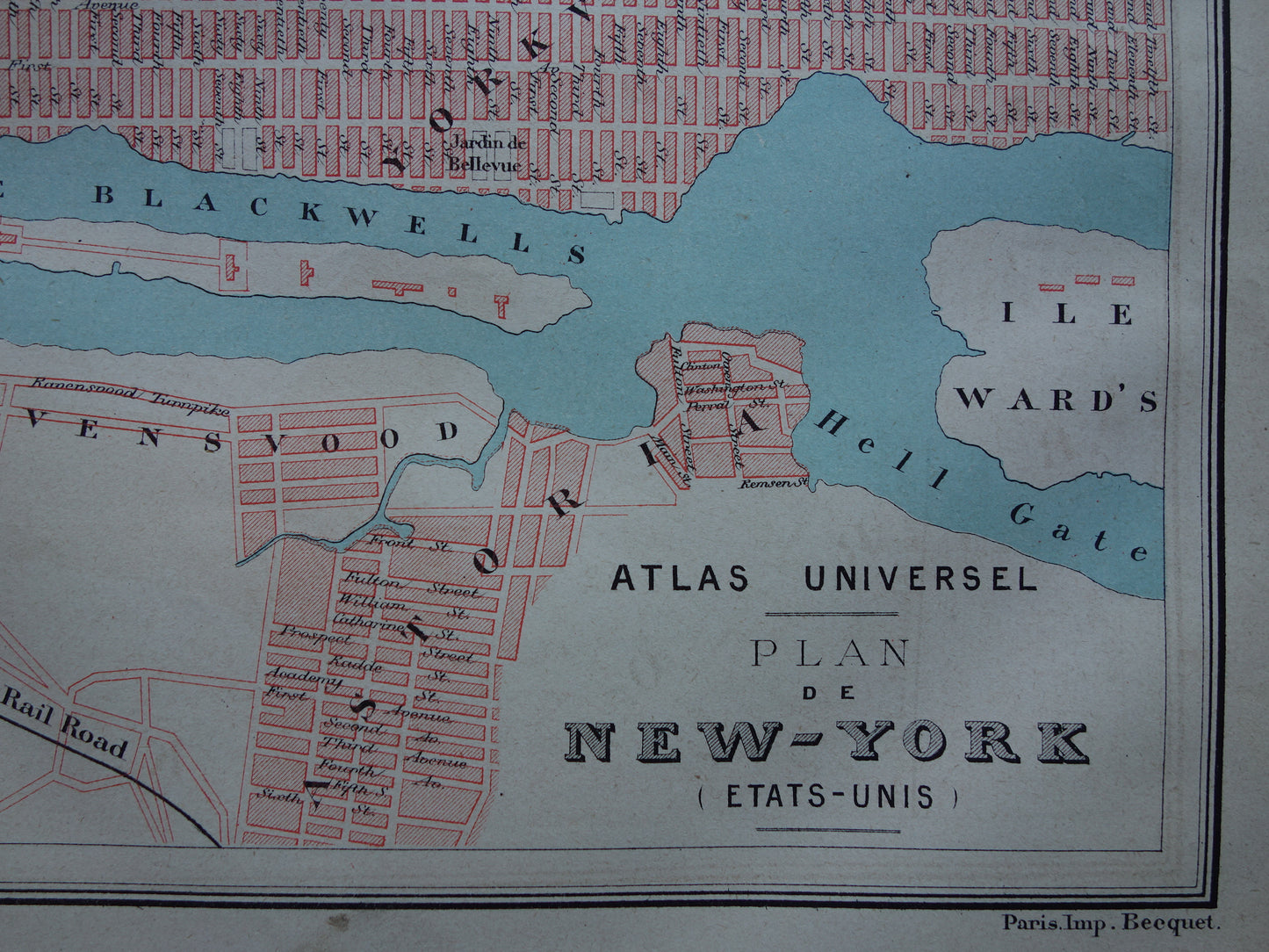 NEW YORK oude plattegrond uit 1877 originele antieke Franse kaart van New-York City