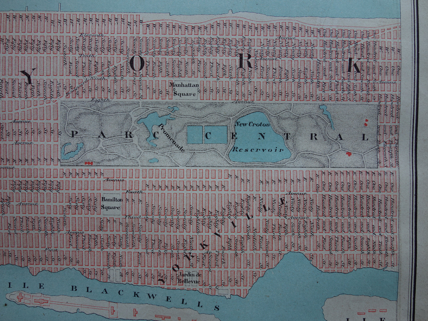 NEW YORK oude plattegrond uit 1877 originele antieke Franse kaart van New-York City