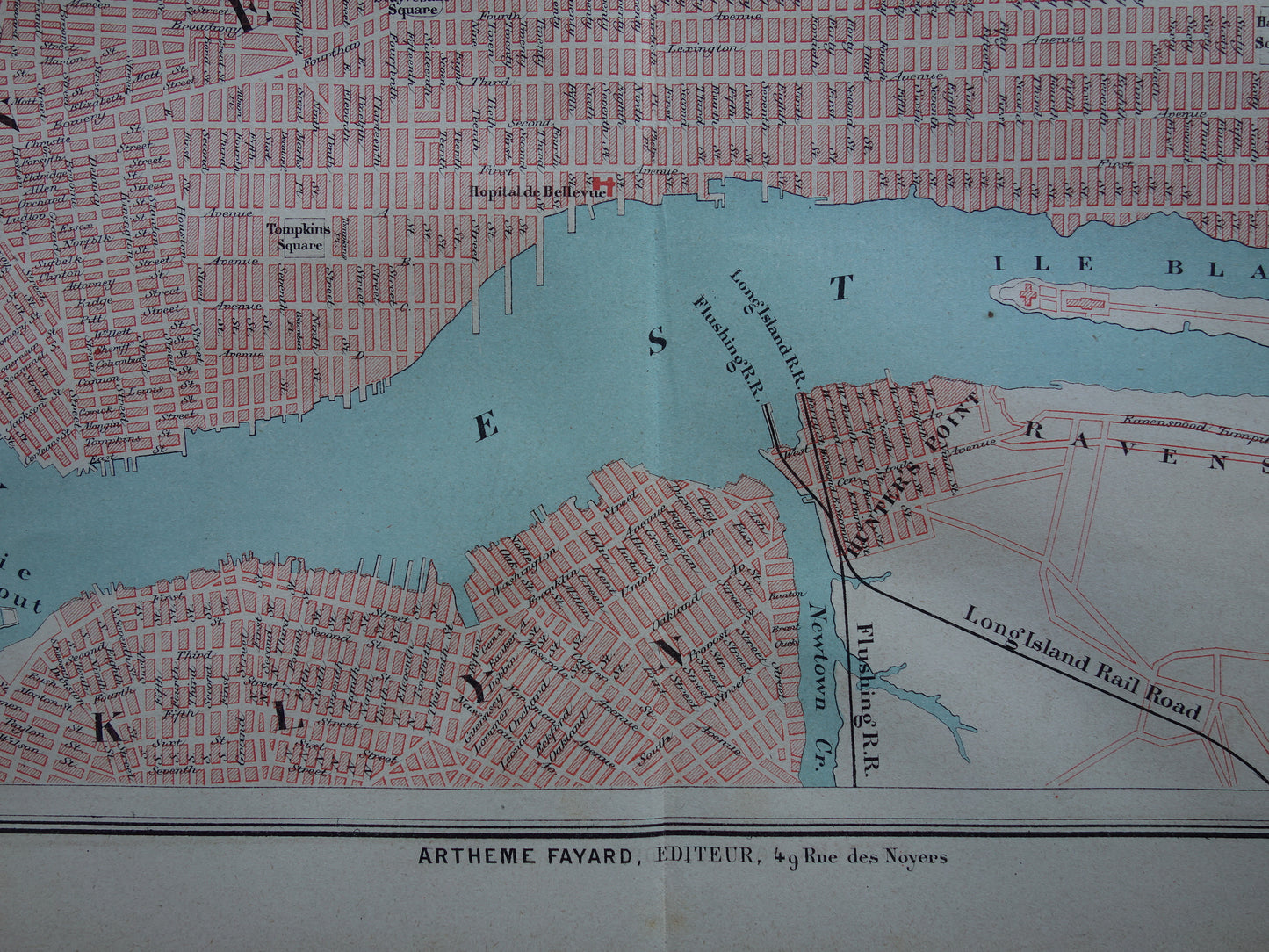 NEW YORK oude plattegrond uit 1877 originele antieke Franse kaart van New-York City