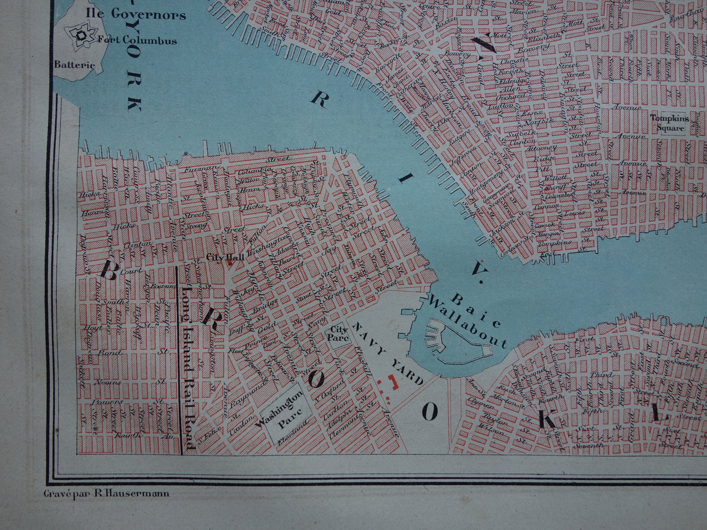 NEW YORK oude plattegrond uit 1877 originele antieke Franse kaart van New-York City