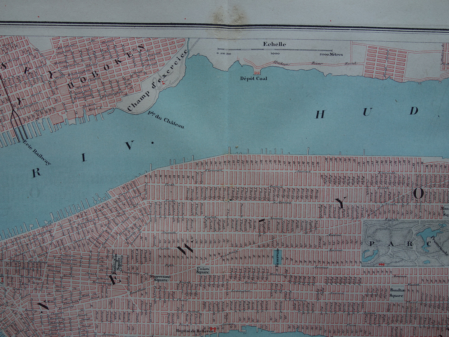 NEW YORK oude plattegrond uit 1877 originele antieke Franse kaart van New-York City