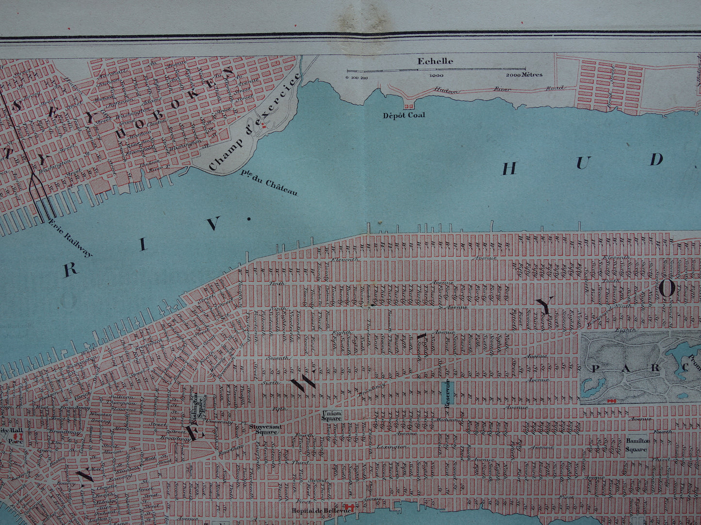 NEW YORK oude plattegrond uit 1877 originele antieke Franse kaart van New-York City