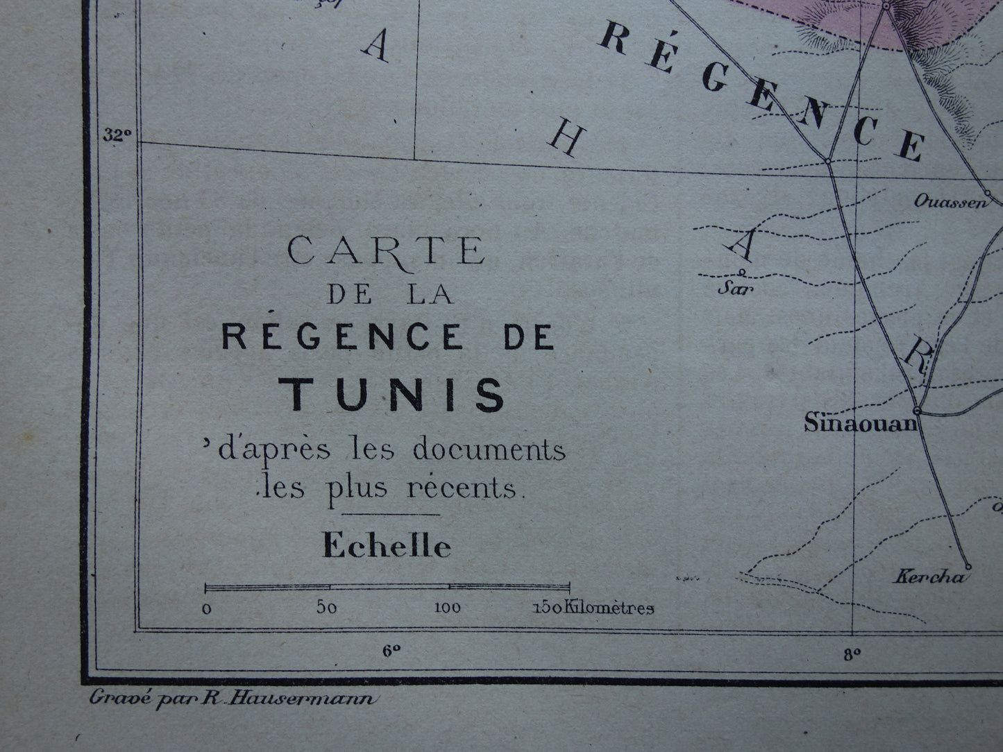 Oude kaart van Tunesië 1877 originele antieke handgekleurde Franse landkaart Tunis vintage kaarten