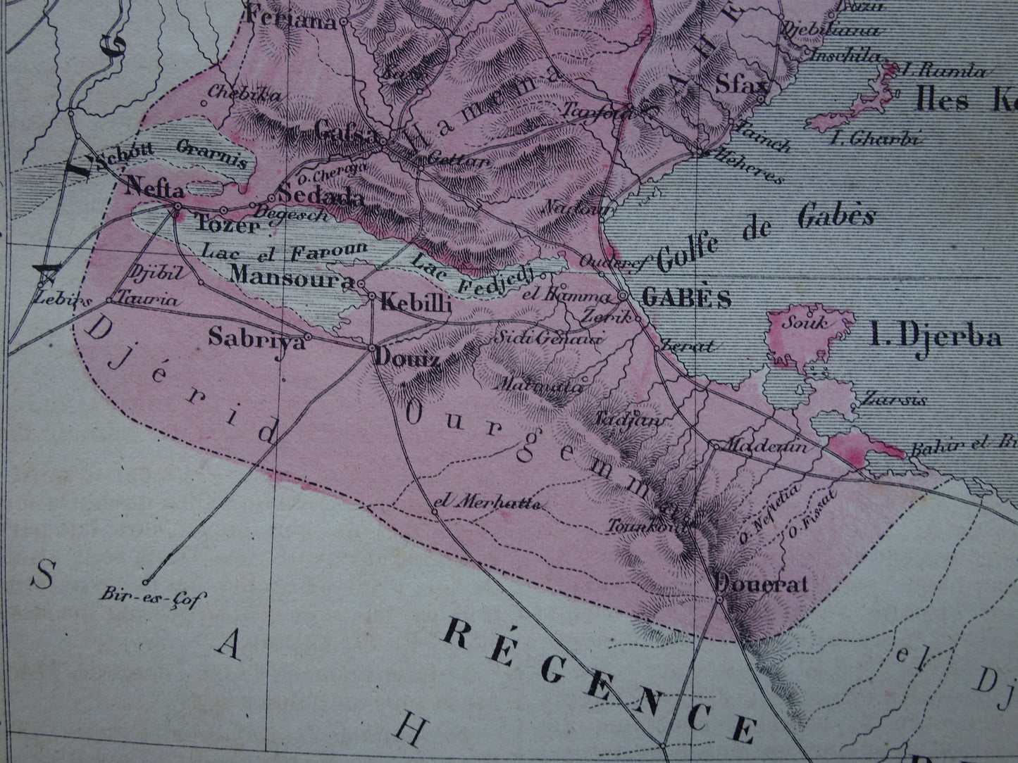 Oude kaart van Tunesië 1877 originele antieke handgekleurde Franse landkaart Tunis vintage kaarten
