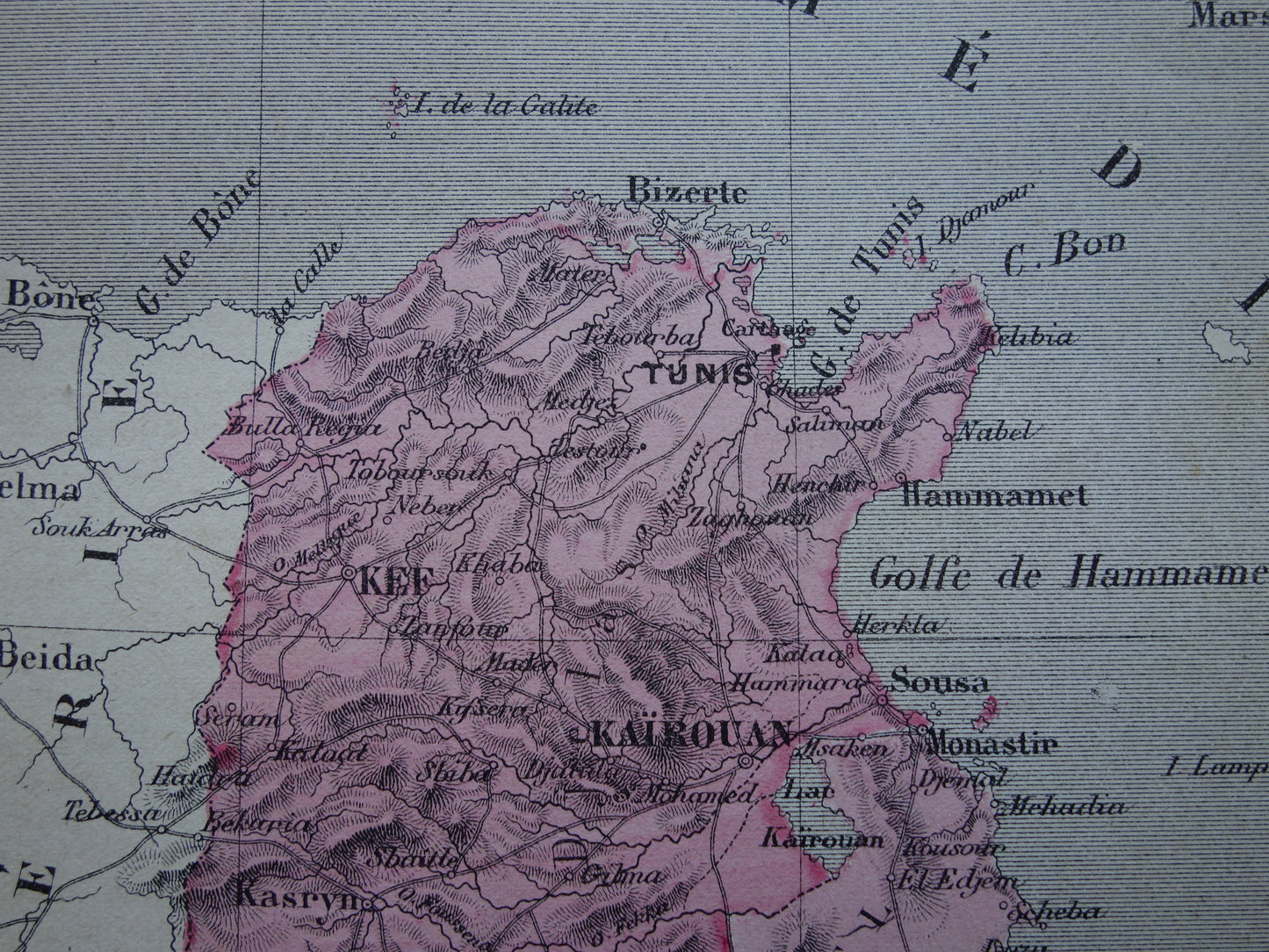 Oude kaart van Tunesië 1877 originele antieke handgekleurde Franse landkaart Tunis vintage kaarten