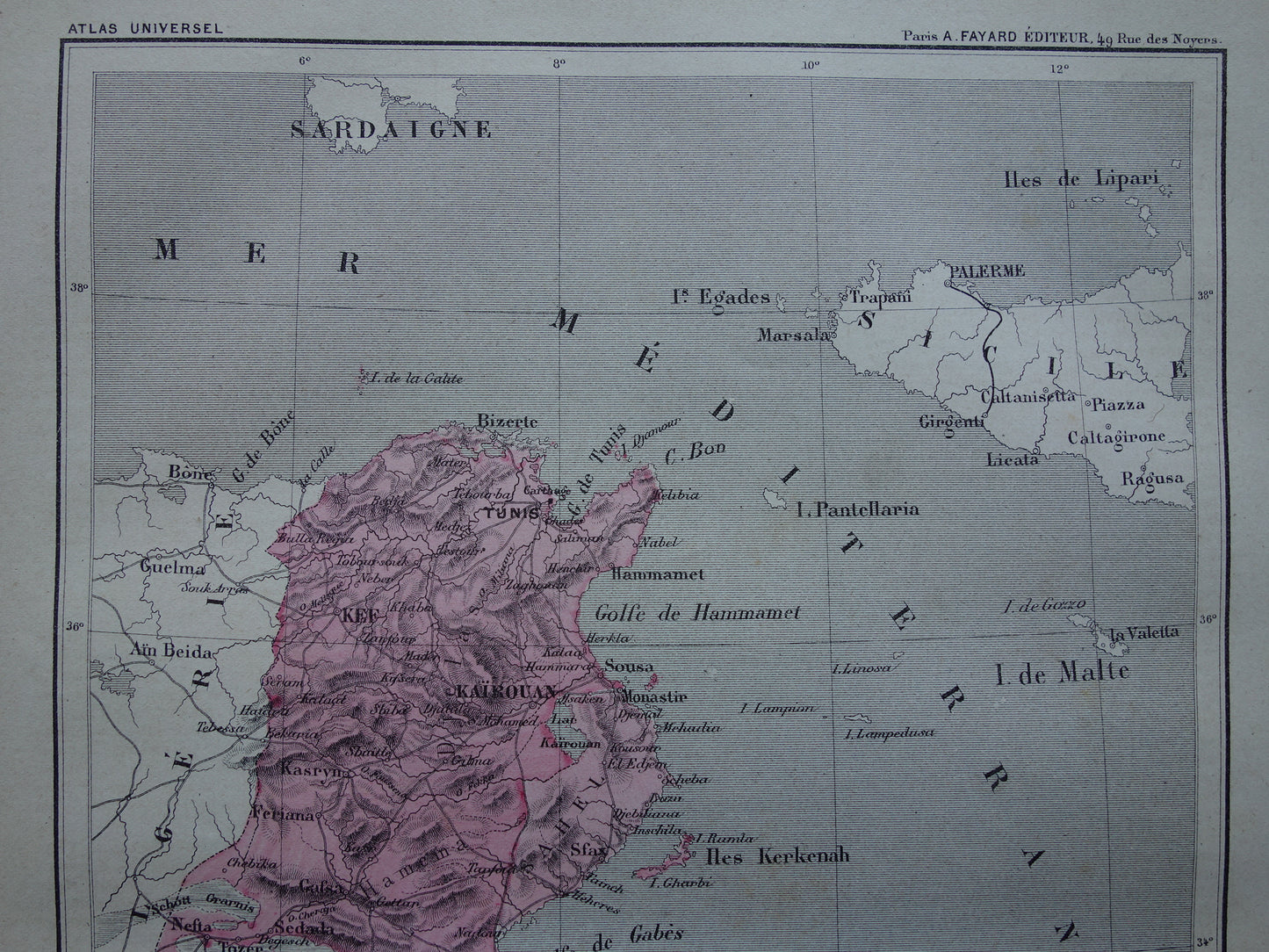 Oude kaart van Tunesië 1877 originele antieke handgekleurde Franse landkaart Tunis vintage kaarten