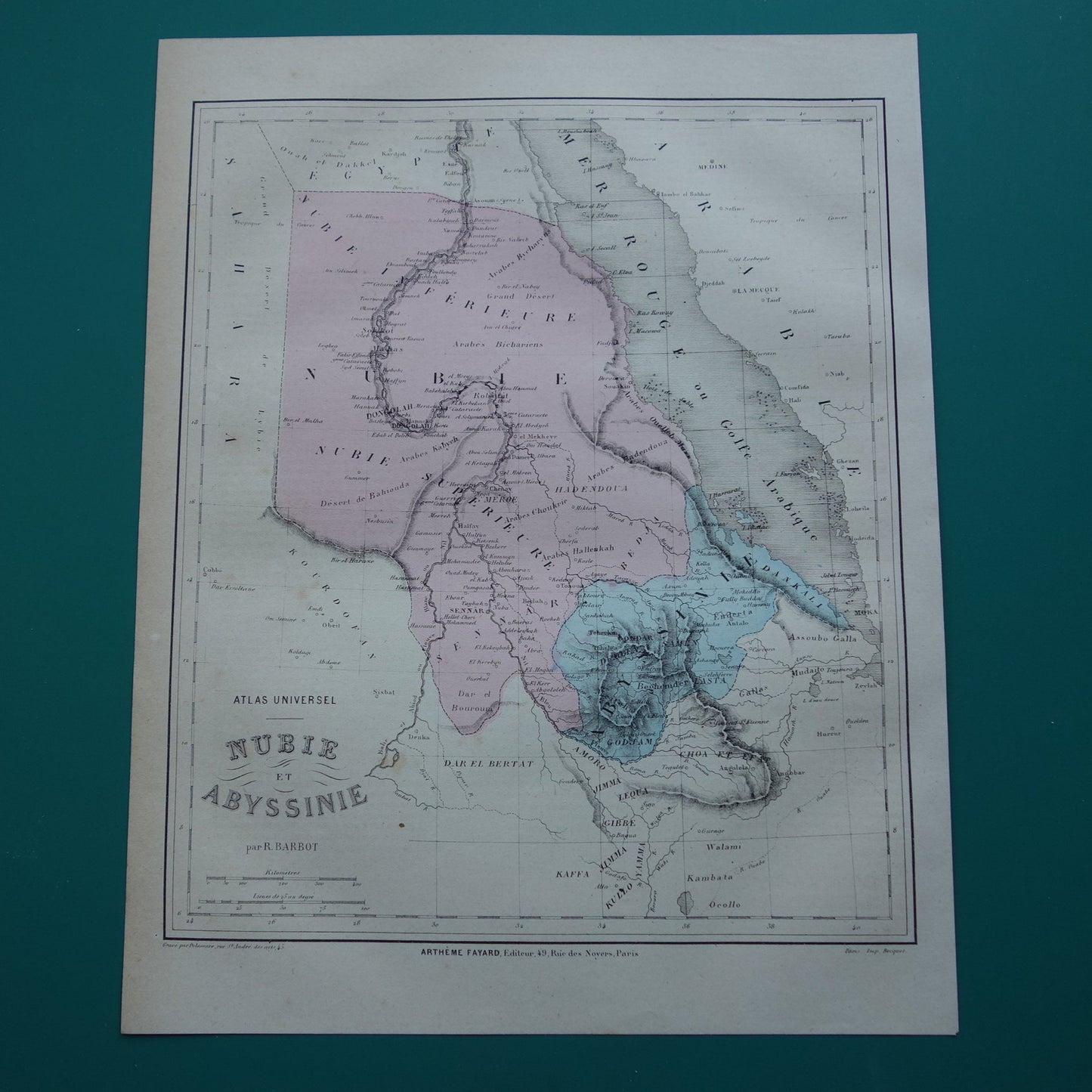 NUBIA oude kaart van Abessinië 1877 originele antieke handgekleurde Franse landkaart Ethiopië Egypte Soedan vintage kaarten