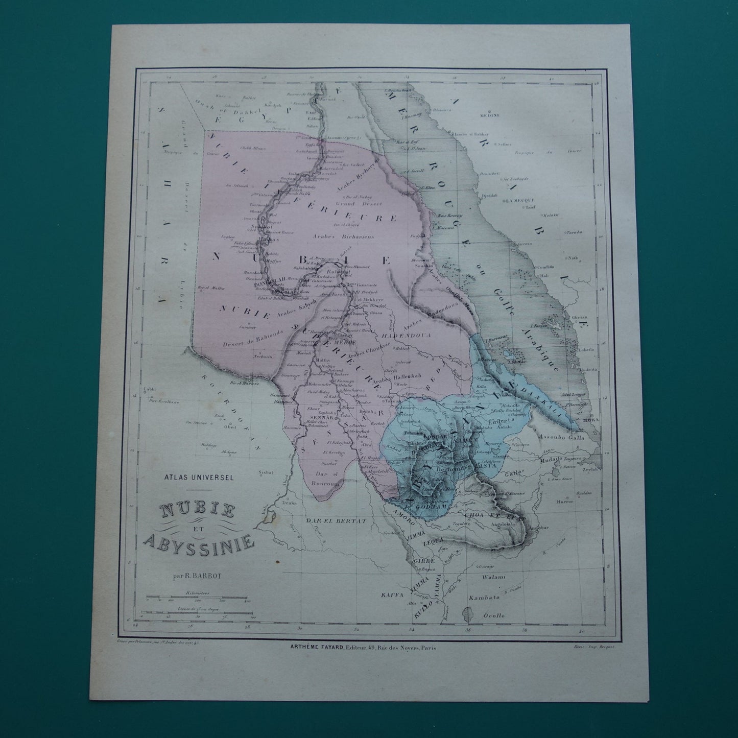 Oude kaart van Nubië en Abessinië 1877 originele antieke handgekleurde Franse landkaart Ethiopië Egypte Soedan Nubia vintage kaarten
