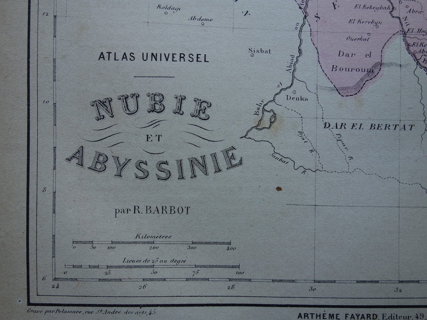 Oude kaart van Nubië en Abessinië 1877 originele antieke handgekleurde Franse landkaart Ethiopië Egypte Soedan Nubia vintage kaarten