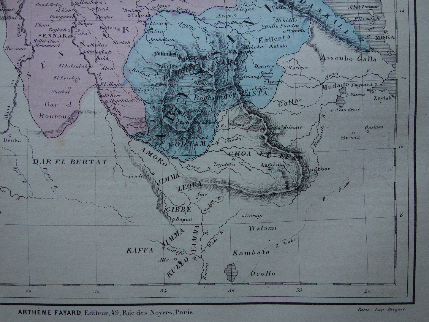 Oude kaart van Nubië en Abessinië 1877 originele antieke handgekleurde Franse landkaart Ethiopië Egypte Soedan Nubia vintage kaarten