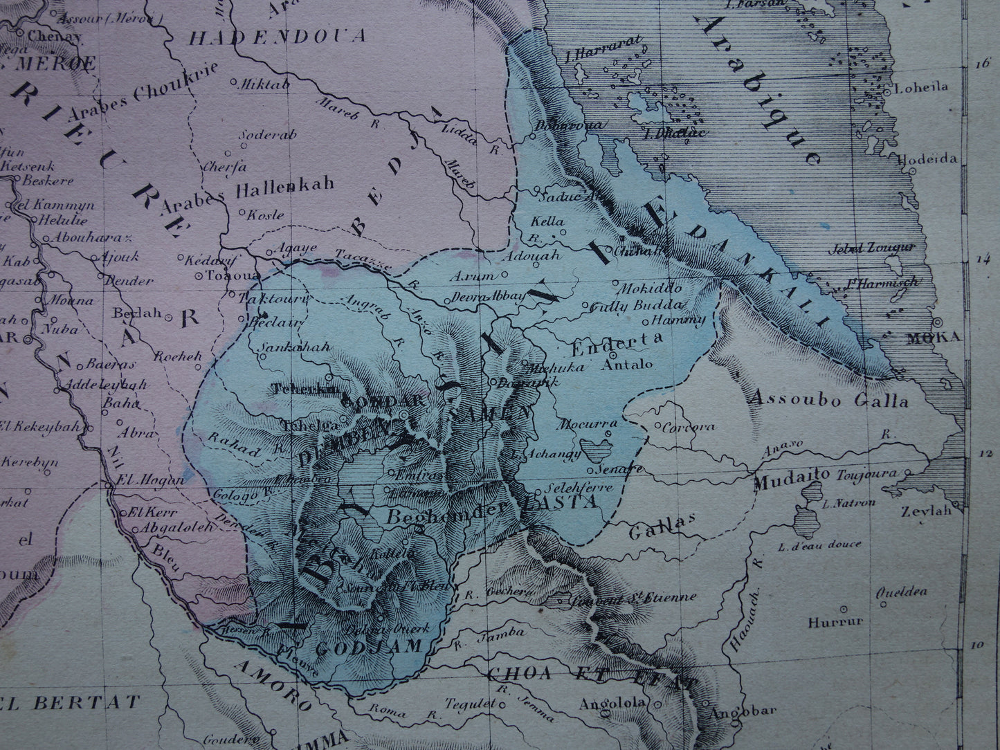 Oude kaart van Nubië en Abessinië 1877 originele antieke handgekleurde Franse landkaart Ethiopië Egypte Soedan Nubia vintage kaarten
