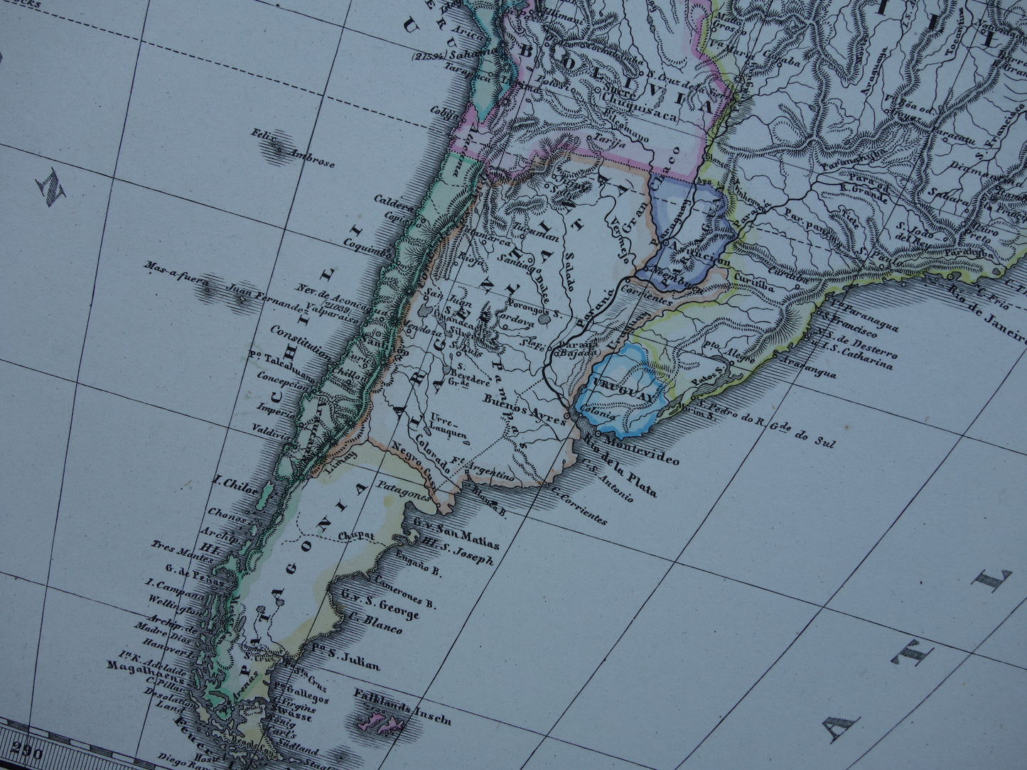NOORD EN ZUID-AMERIKA oude kaart van VS Canada Patagonië Brazilië 1877 originele antieke Duitse handgekleurde landkaart poster met jaartal