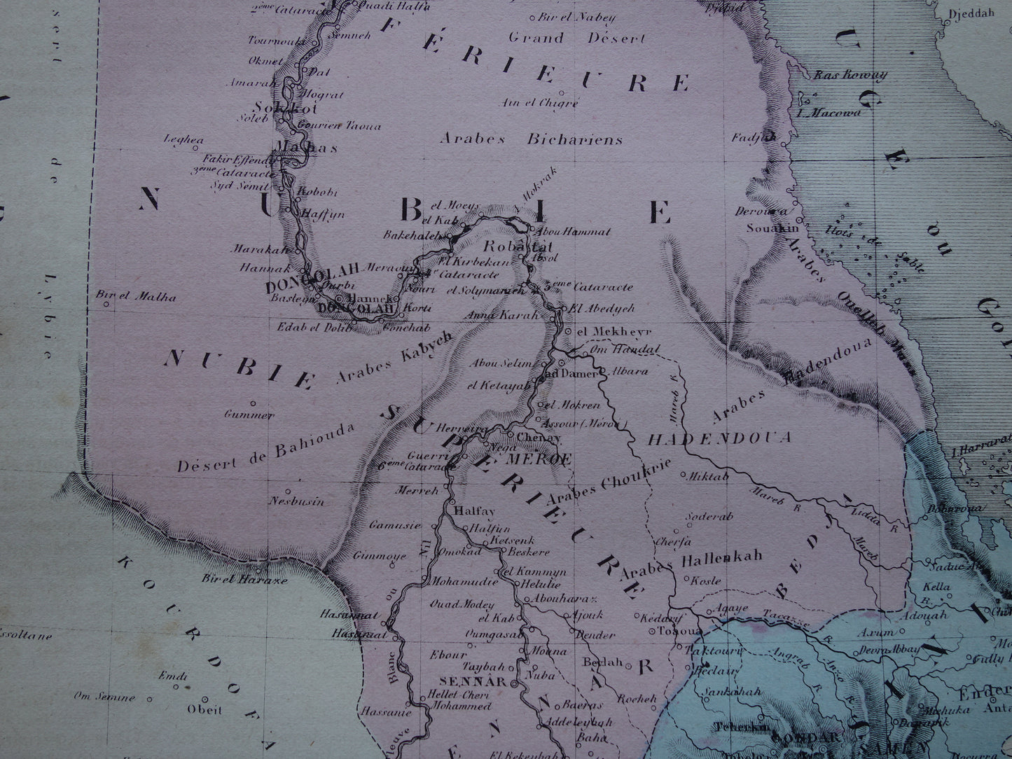 Oude kaart van Nubië en Abessinië 1877 originele antieke handgekleurde Franse landkaart Ethiopië Egypte Soedan Nubia vintage kaarten
