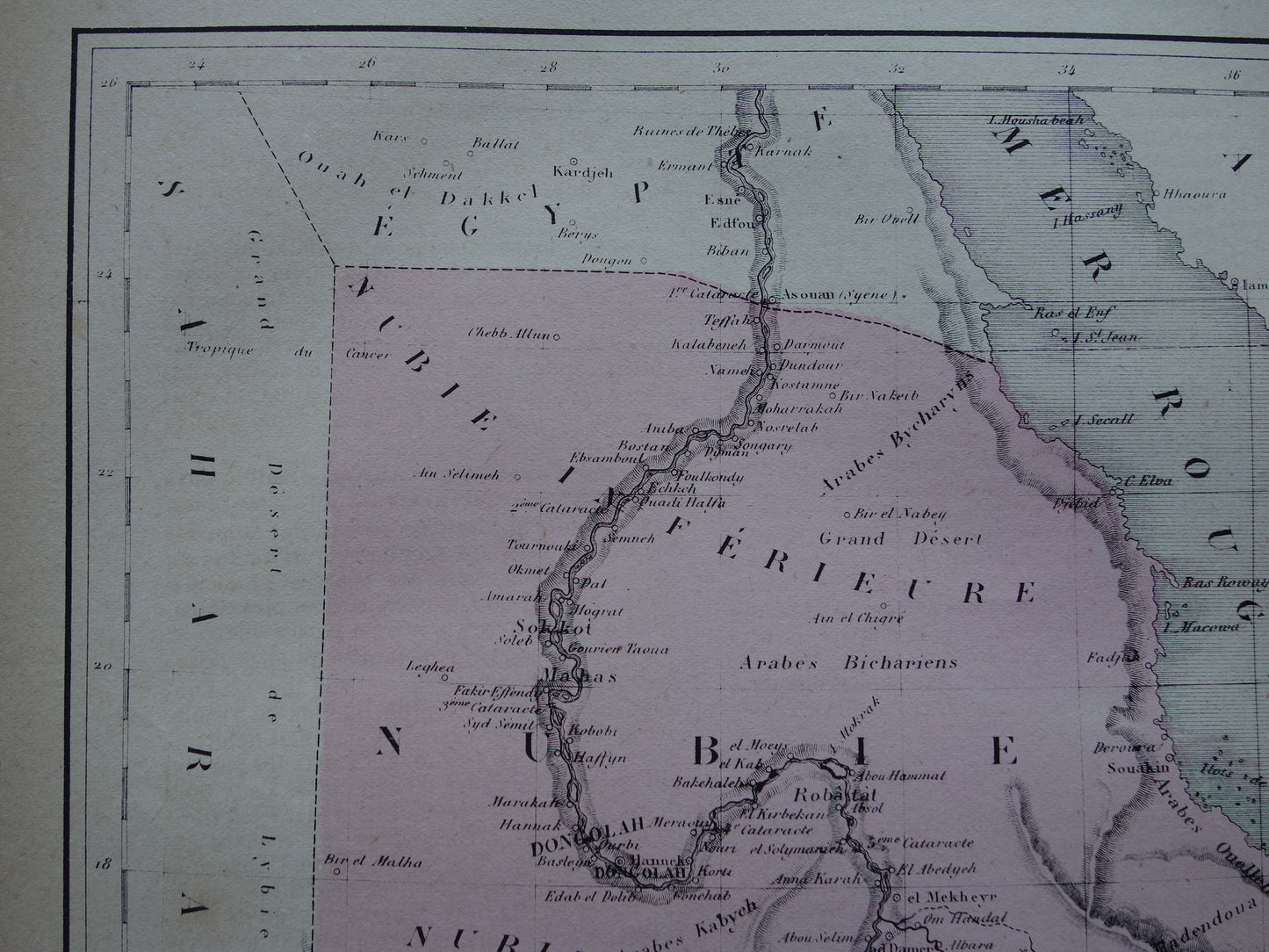 Oude kaart van Nubië en Abessinië 1877 originele antieke handgekleurde Franse landkaart Ethiopië Egypte Soedan Nubia vintage kaarten