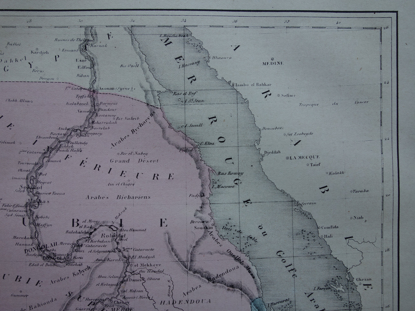 Oude kaart van Nubië en Abessinië 1877 originele antieke handgekleurde Franse landkaart Ethiopië Egypte Soedan Nubia vintage kaarten