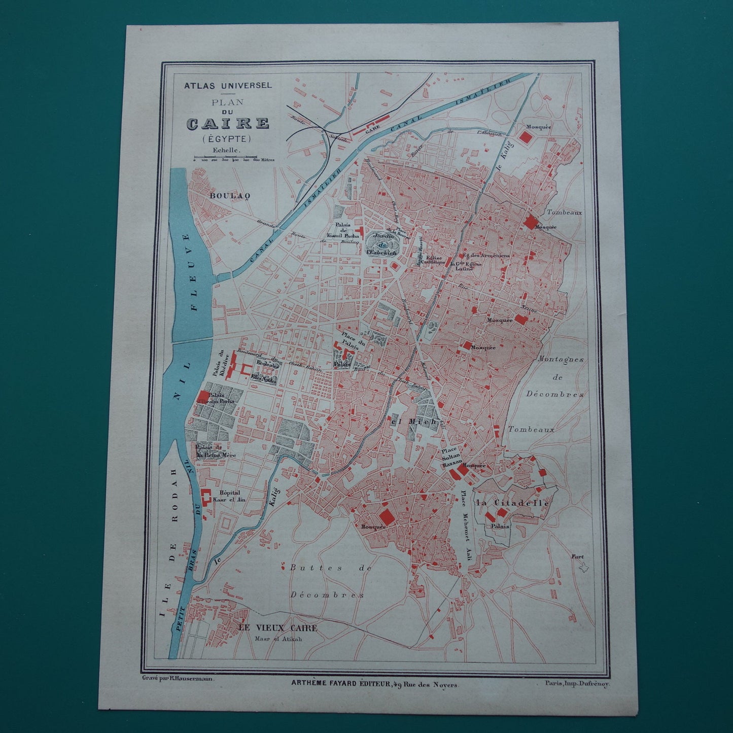 Oude kaart van Caïro Egypte uit 1877 antieke Franse plattegrond van Cairo