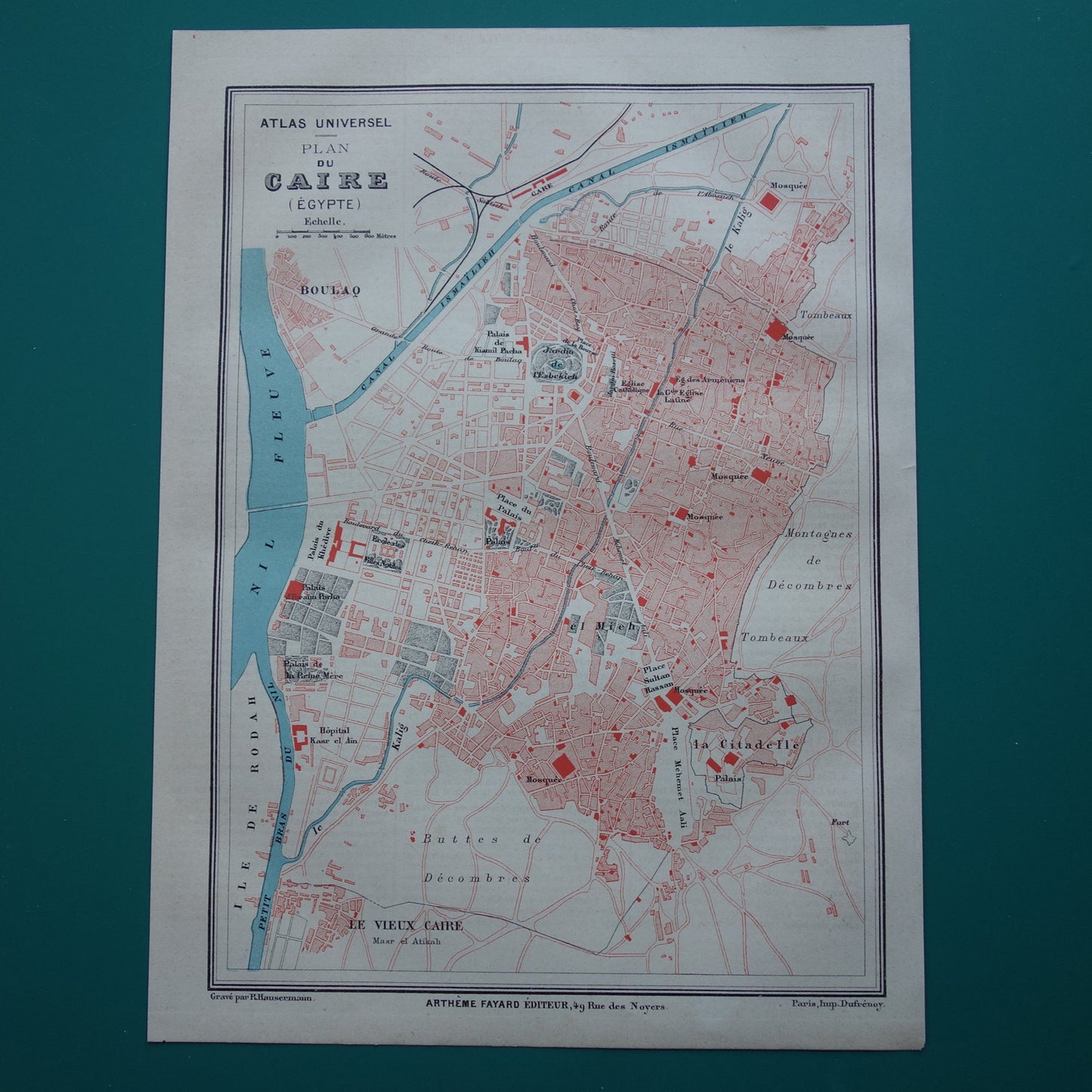 Oude kaart van Caïro Egypte uit 1877 antieke Franse plattegrond van Cairo