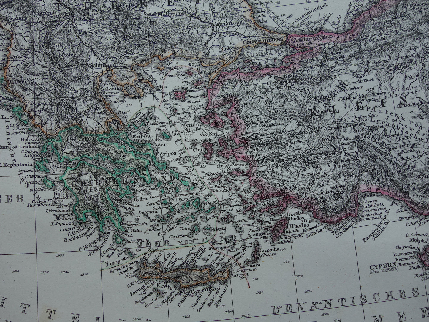 Antieke kaart van het Turkse Rijk Grote 145+ jaar oude print/poster Ottomaanse Rijk Originele Vintage kaarten Turkije Middellandse Zee