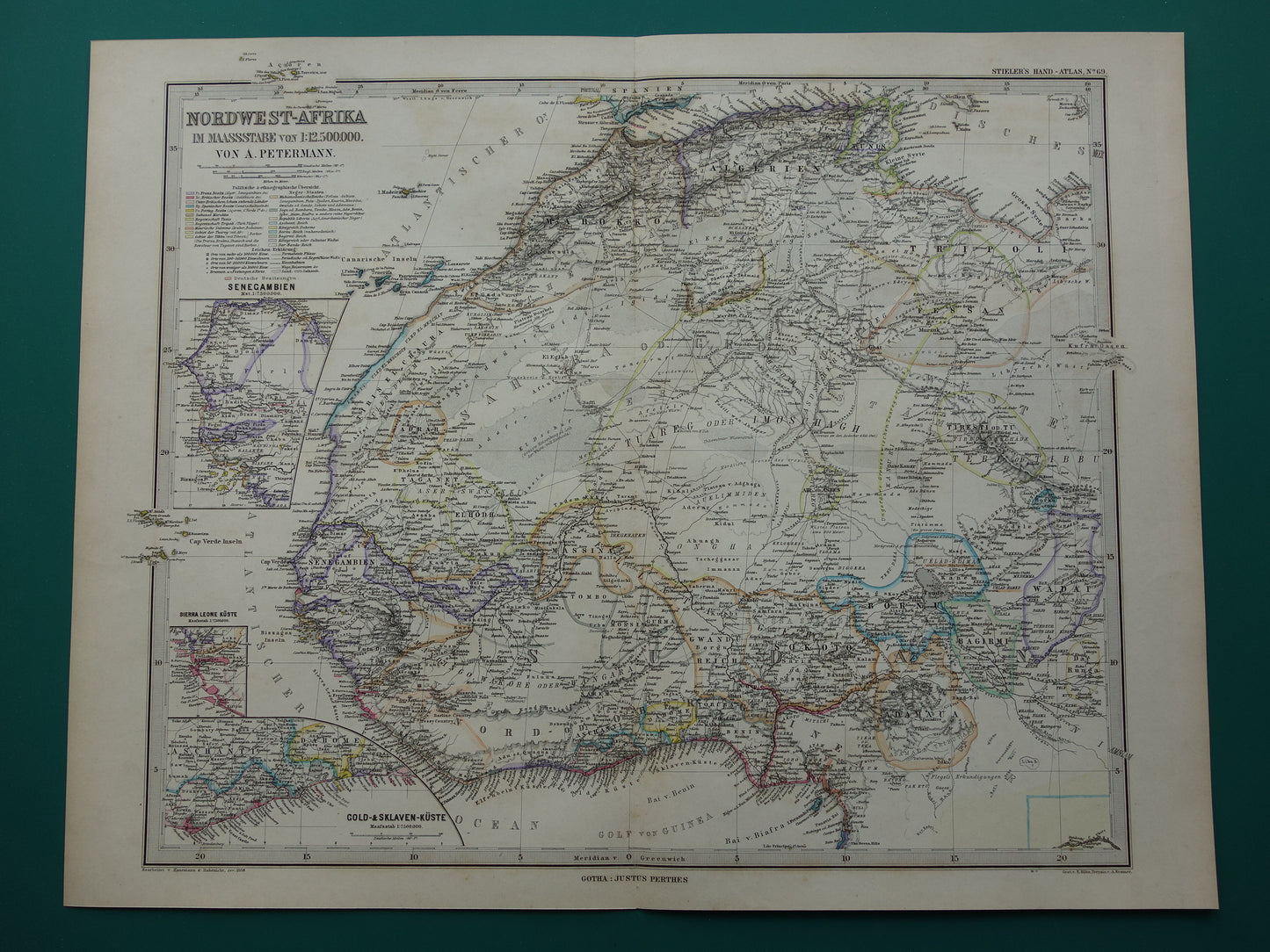 AFRIKA Oude landkaart van Noordwest-Afrika in 1886 Grote originele kaart van Sahara Goudkust Sahel Senegal Nigeria