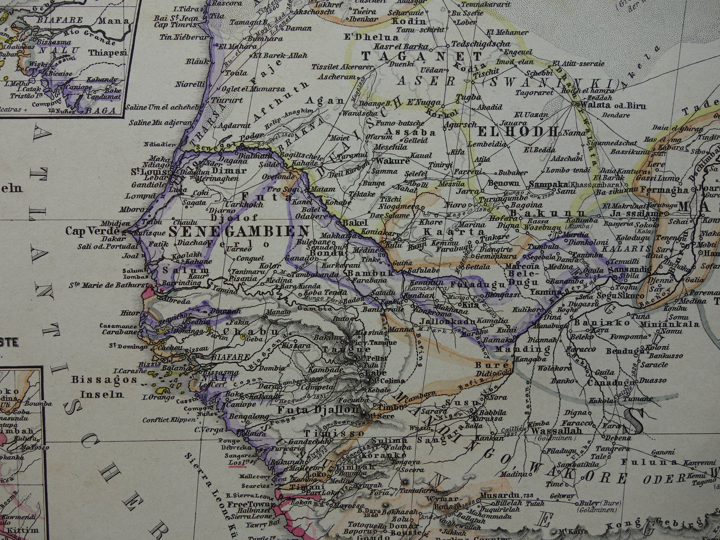 AFRIKA Oude landkaart van Noordwest-Afrika in 1886 Grote originele kaart van Sahara Goudkust Sahel Senegal Nigeria